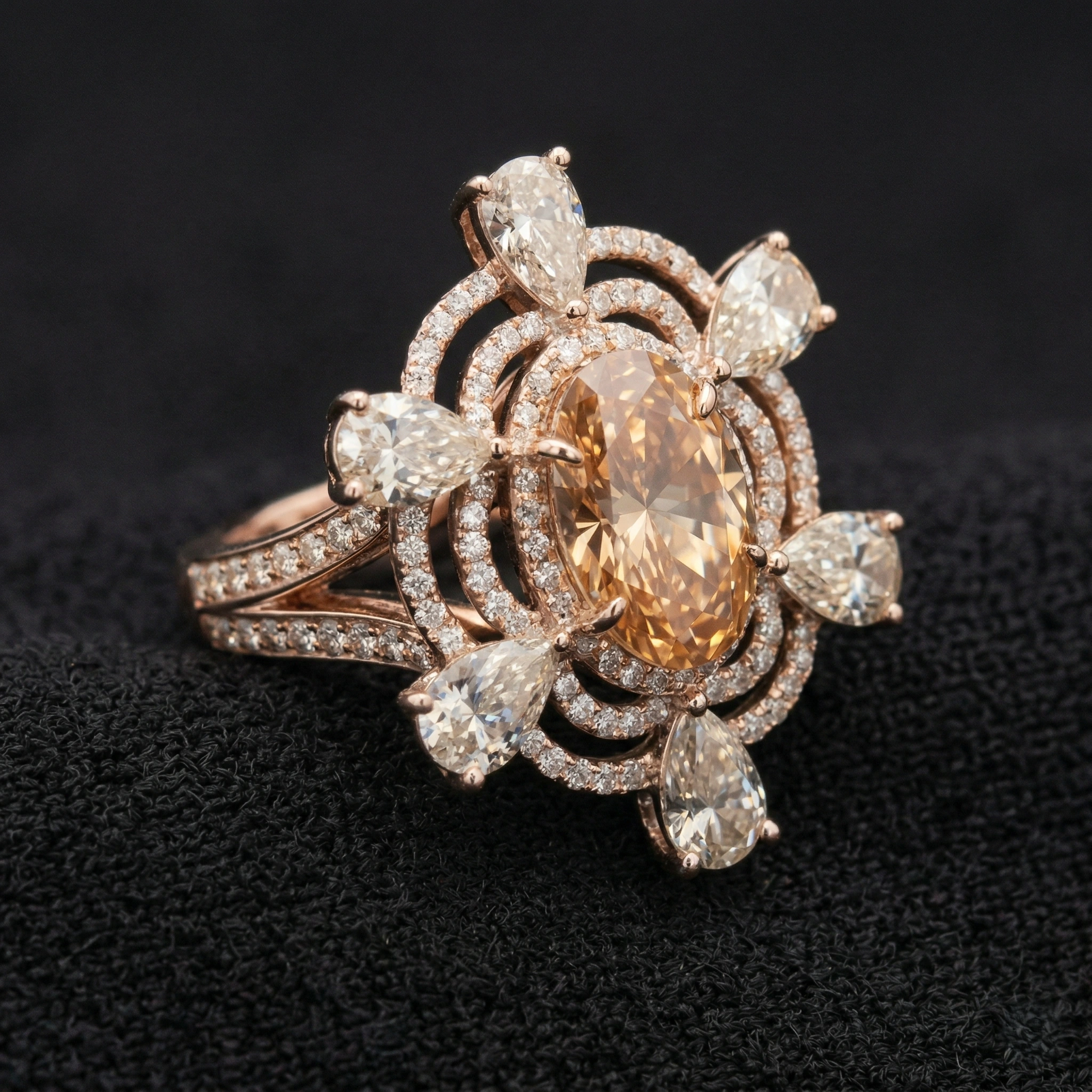 6 CT Fancy Champagne Oval Diamond Floral Halo Ring |14KT Rose Gold view 4