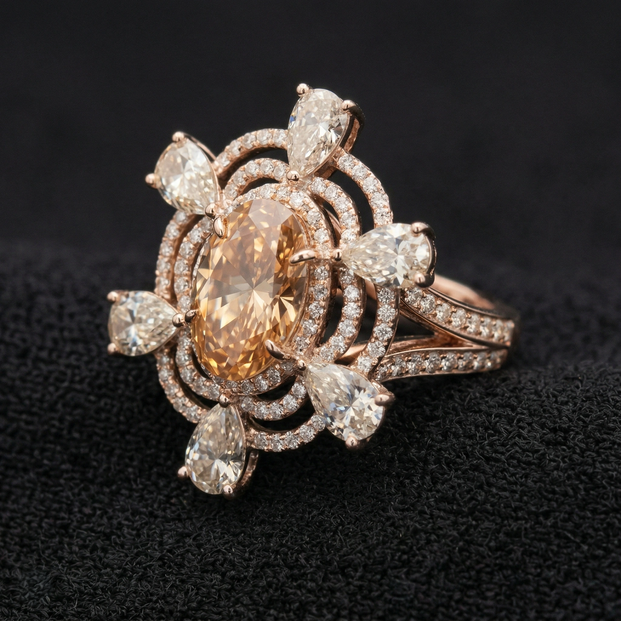 6 CT Fancy Champagne Oval Diamond Floral Halo Ring |14KT Rose Gold view 5