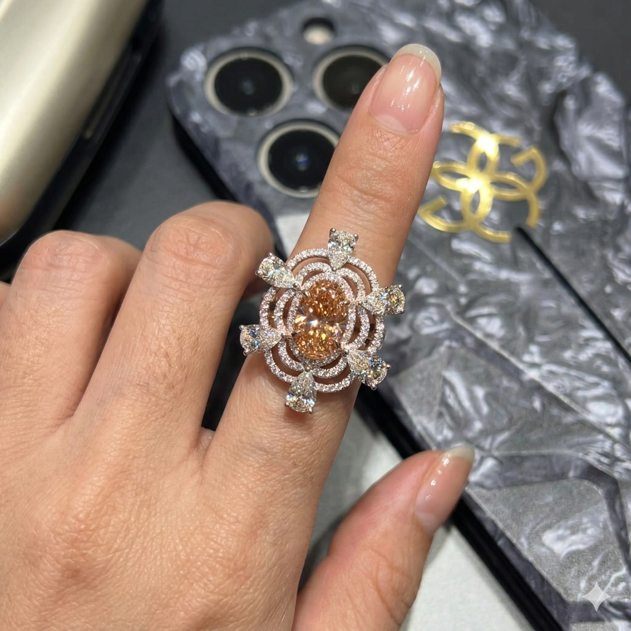 6 CT Fancy Champagne Oval Diamond Floral Halo Ring |14KT Rose Gold view 6
