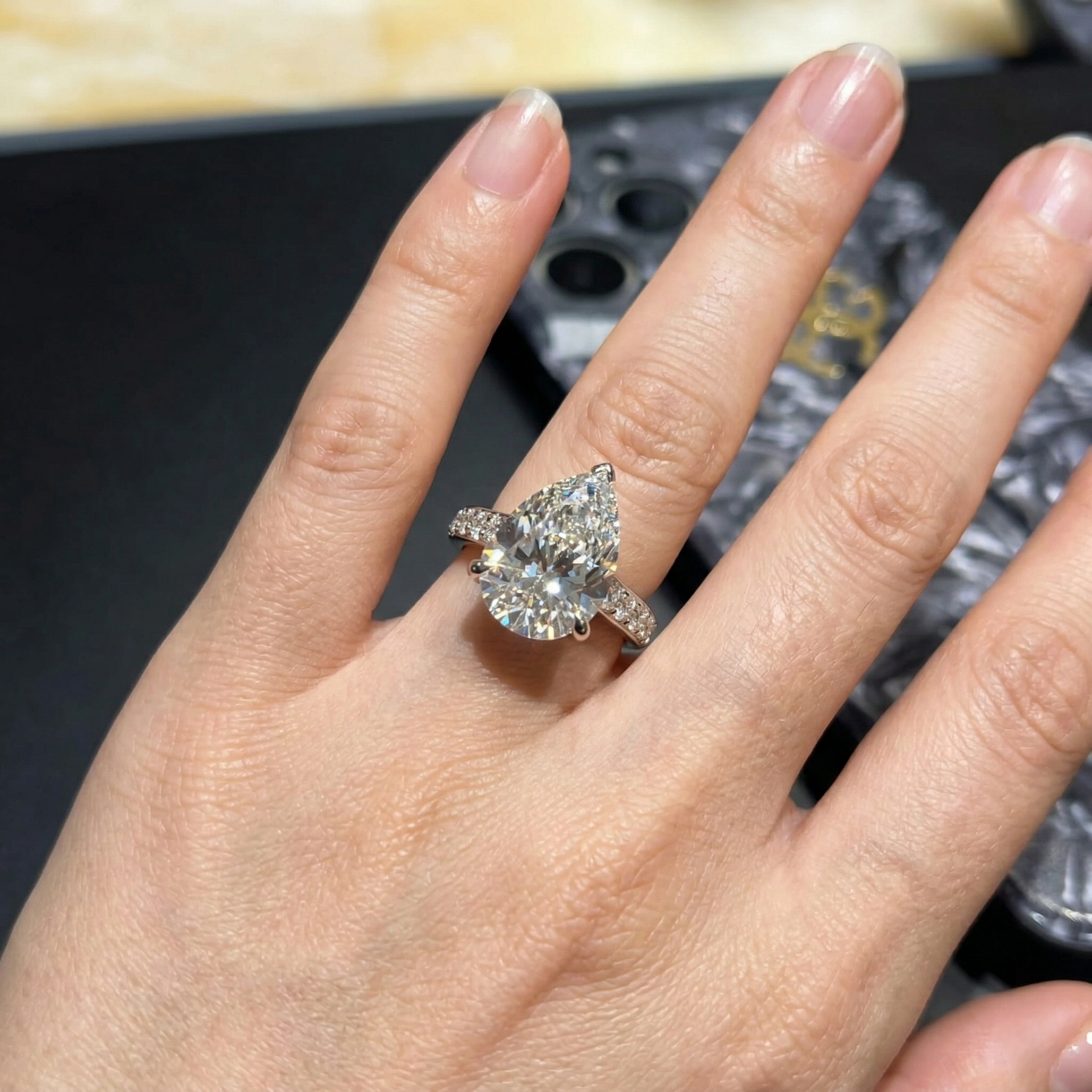 Pear Cut Solitaire Diamond Ring with Pavé Band | Platinum 950 view 6