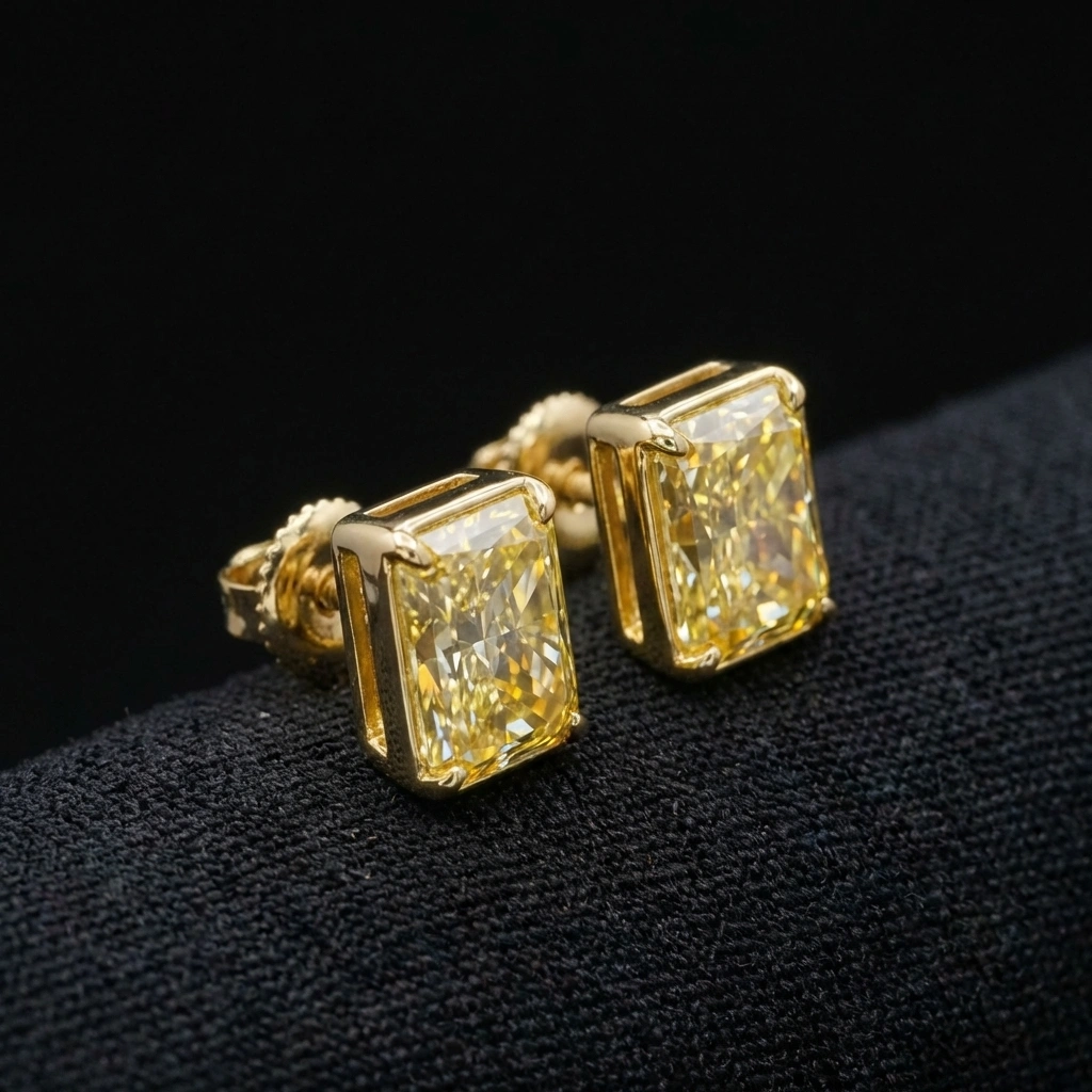6.25 TCW Fancy Intense Yellow Radiant Cut Diamond Earrings | 18KT Yellow Gold | IGI Certified High-Jewelry view 3