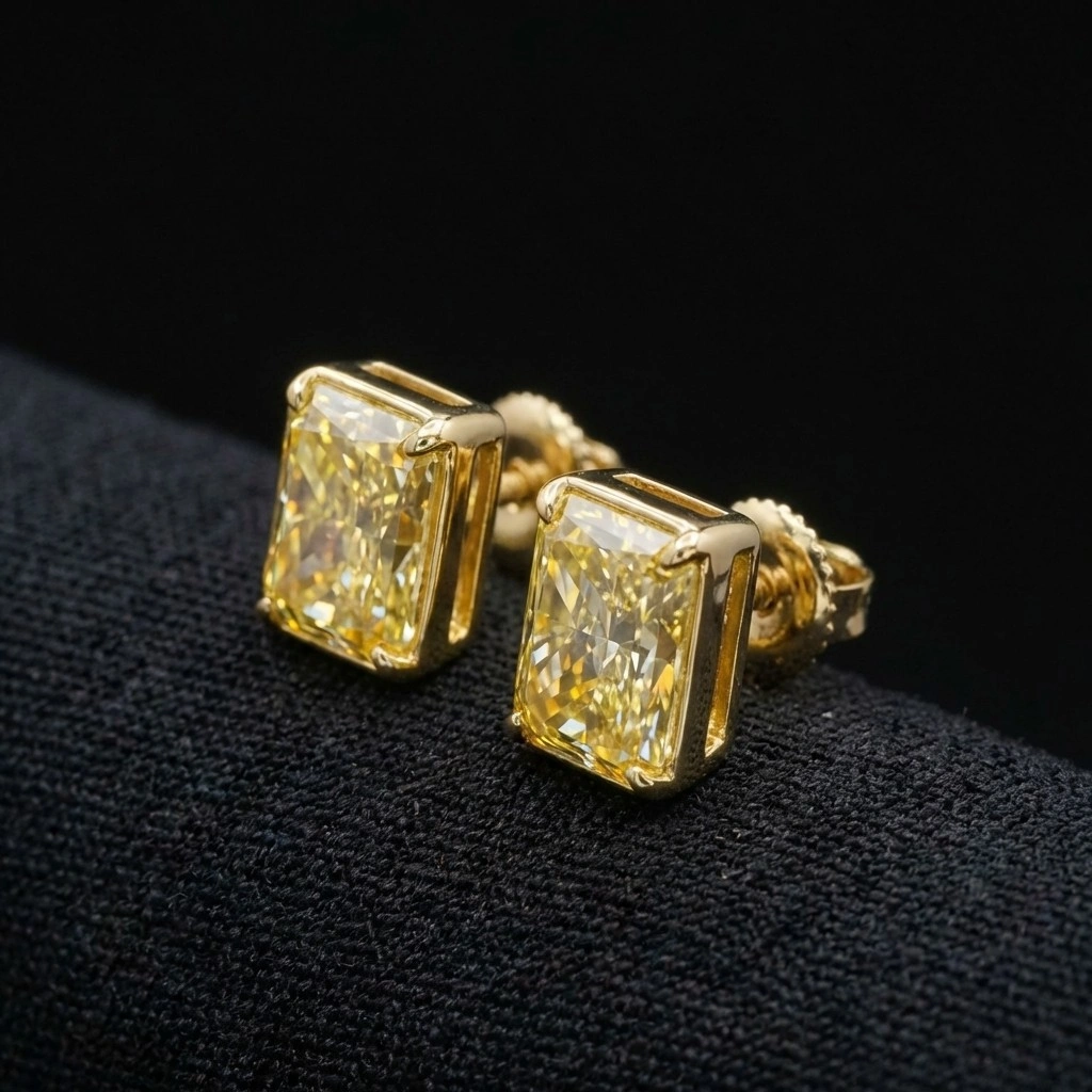6.25 TCW Fancy Intense Yellow Radiant Cut Diamond Earrings | 18KT Yellow Gold | IGI Certified High-Jewelry view 4