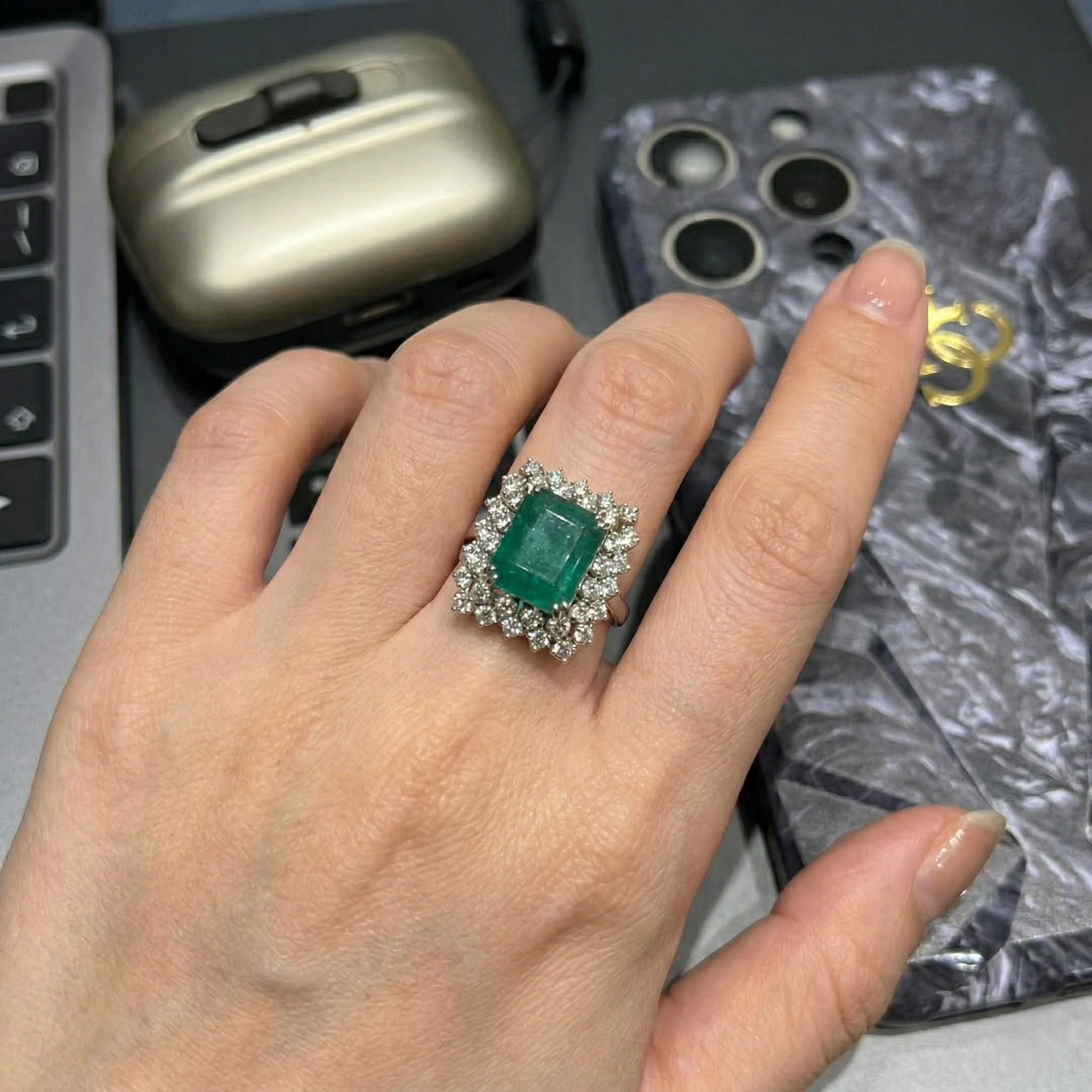 6.56 TCW Natural Emerald & Diamond Masterpiece Ring | 5.65 CT Center | Solid Platinum 950 view 7