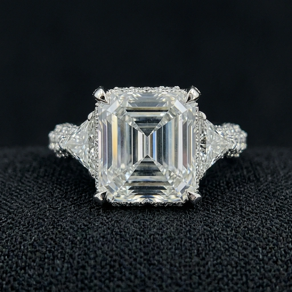 7 CT Asscher Cut Lab Grown Diamond Ring with Side Accent Diamonds in PT950 Platinum