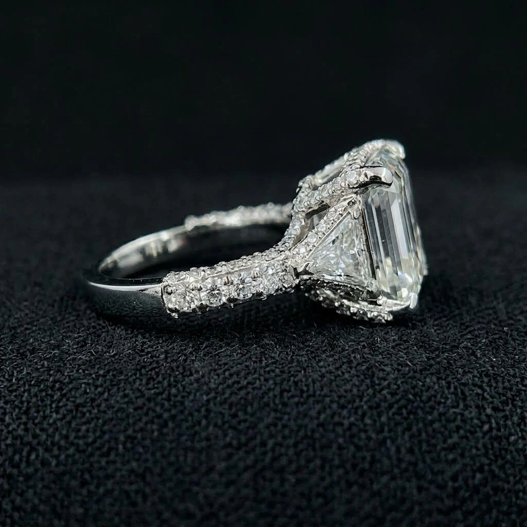 7 CT Asscher Cut Lab Grown Diamond Ring with Side Accent Diamonds in PT950 Platinum view 3