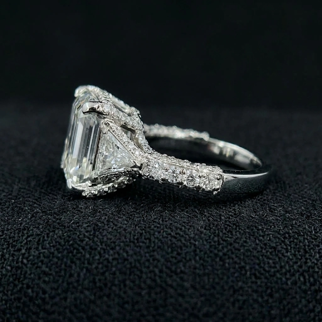 7 CT Asscher Cut Lab Grown Diamond Ring with Side Accent Diamonds in PT950 Platinum view 4