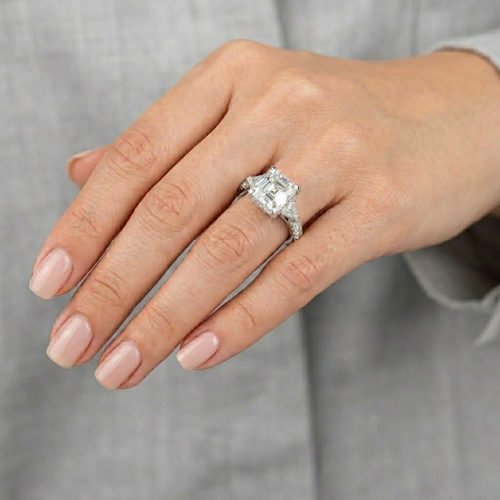 7 CT Asscher Cut Lab Grown Diamond Ring with Side Accent Diamonds in PT950 Platinum view 5
