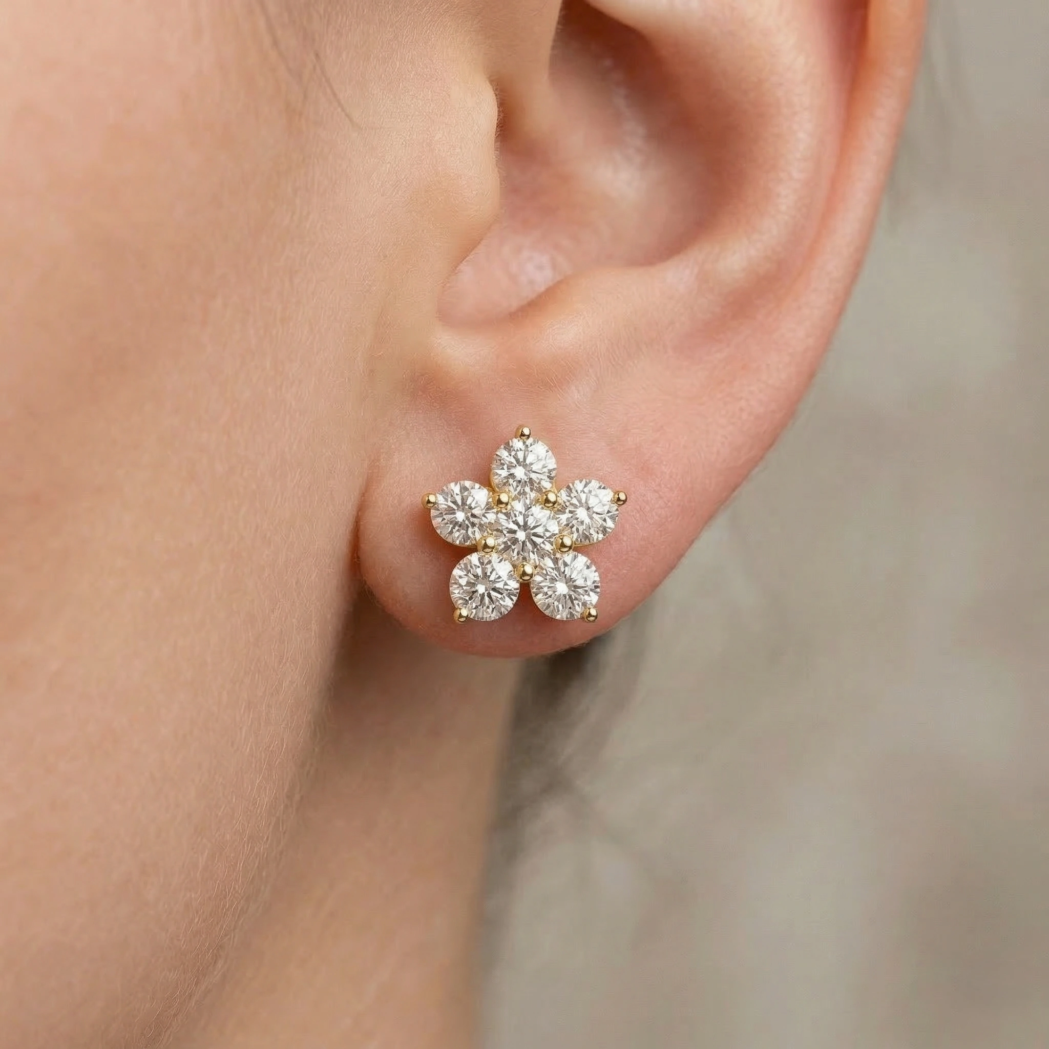 Round Diamond Flower Cluster Stud Earrings in 14K Gold view 7