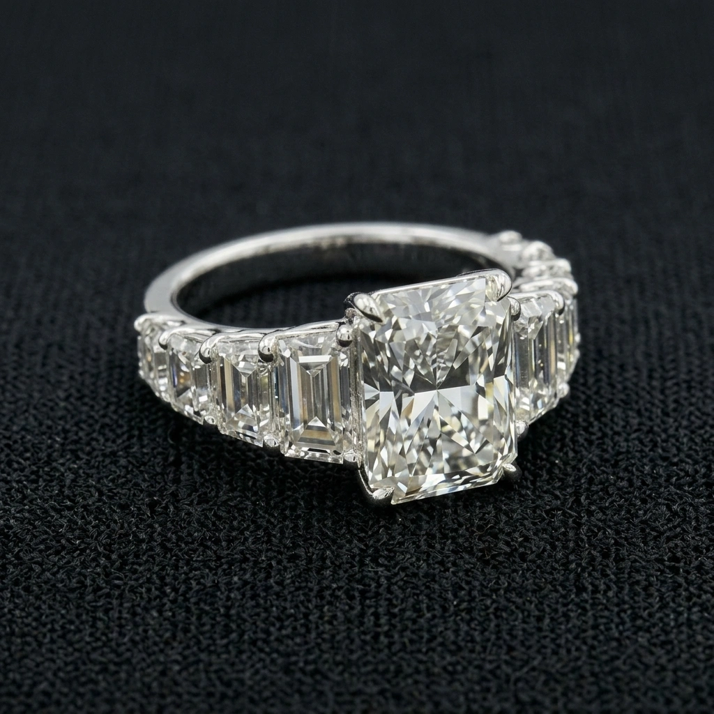 7.25 TCW Radiant & Emerald Cut Diamond Ring | 3.00 CT Radiant Center | Solid Platinum 950 view 3