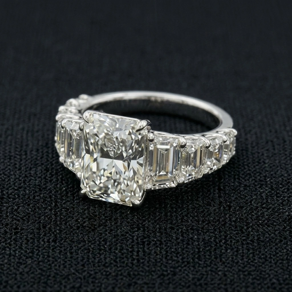 7.25 TCW Radiant & Emerald Cut Diamond Ring | 3.00 CT Radiant Center | Solid Platinum 950 view 4