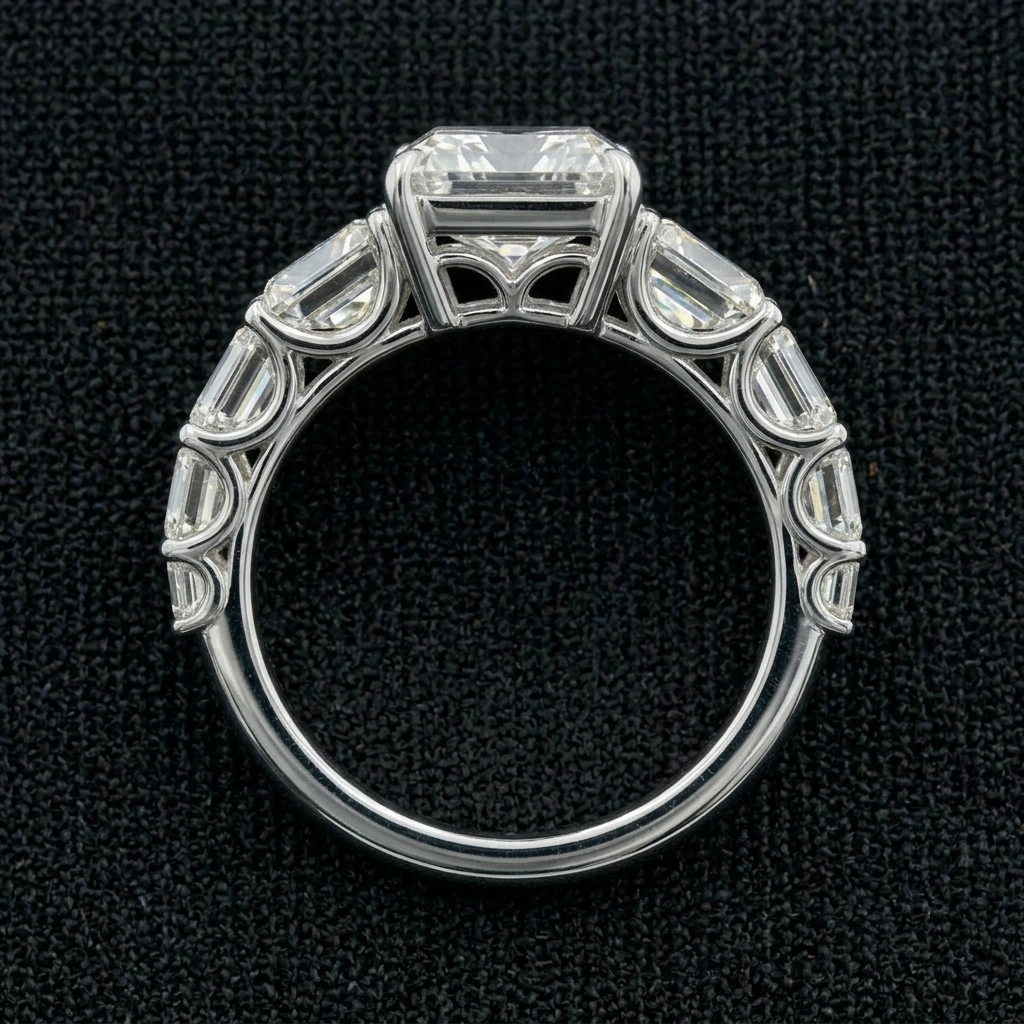 7.25 TCW Radiant & Emerald Cut Diamond Ring | 3.00 CT Radiant Center | Solid Platinum 950 view 5
