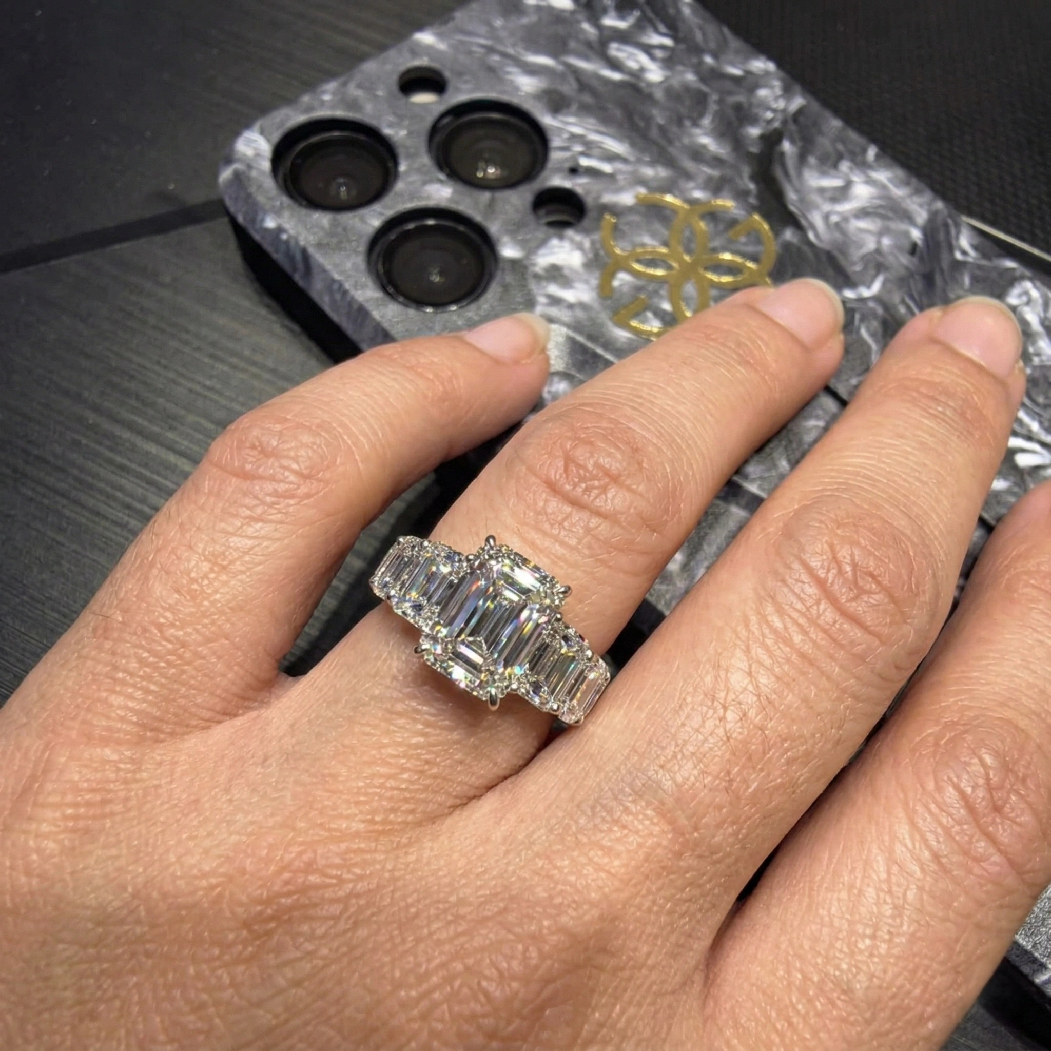 7.25 TCW Radiant & Emerald Cut Diamond Ring | 3.00 CT Radiant Center | Solid Platinum 950 view 6