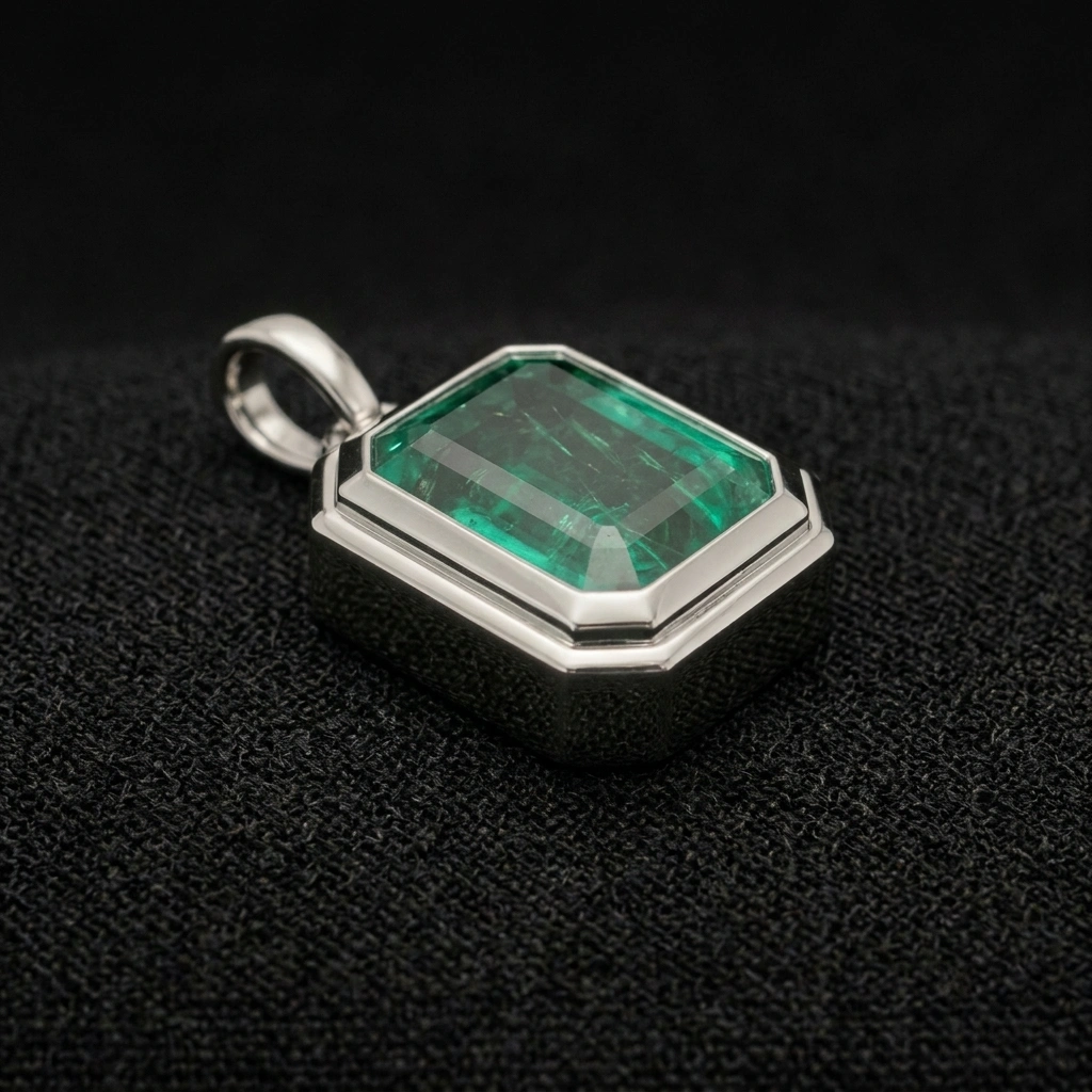 8 CT Natural Emerald Pendant in PT950 Platinum | Emerald Cut Solitaire Pendant view 3
