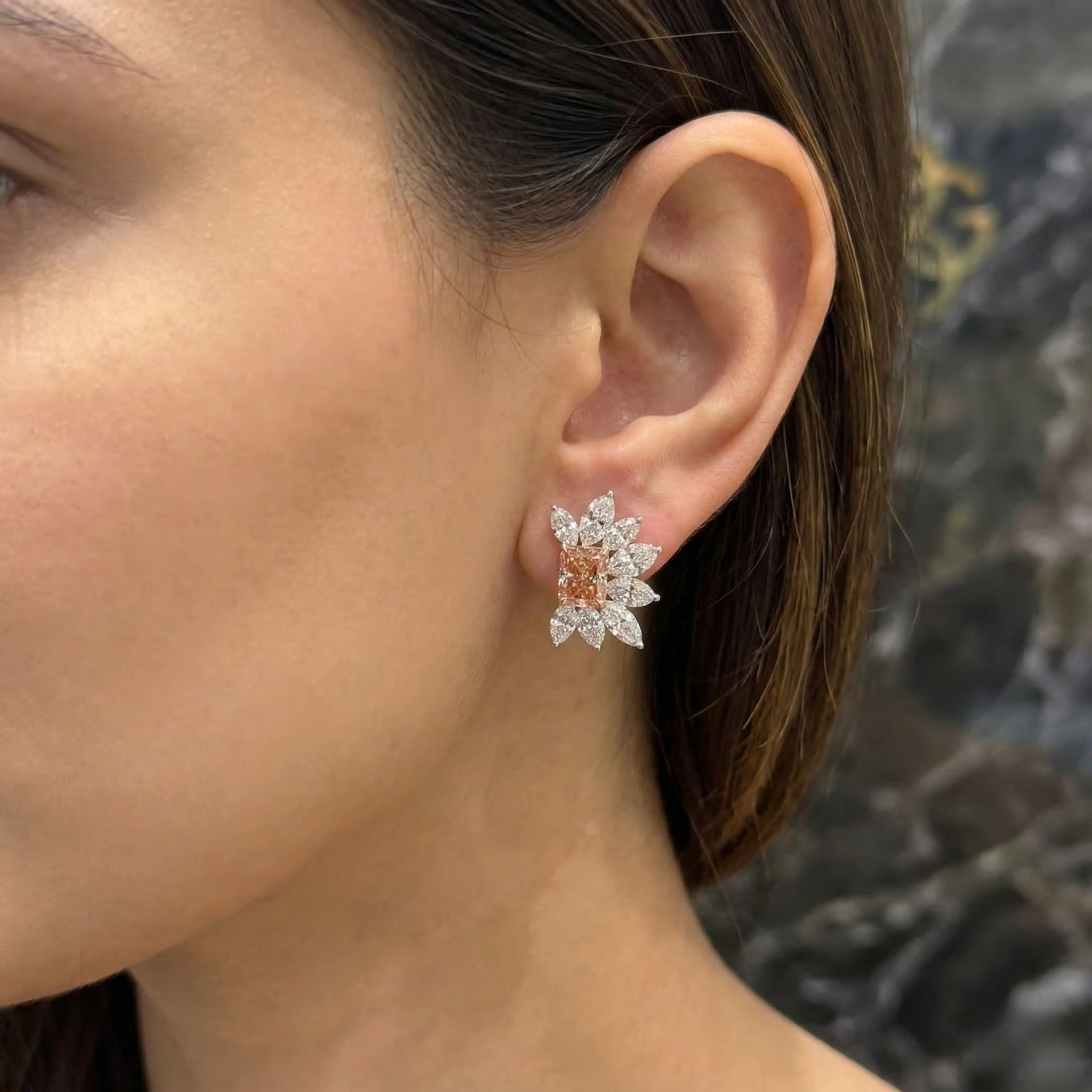 Pink Radiant & Marquise Diamond Stud Earrings in 14K Gold view 7