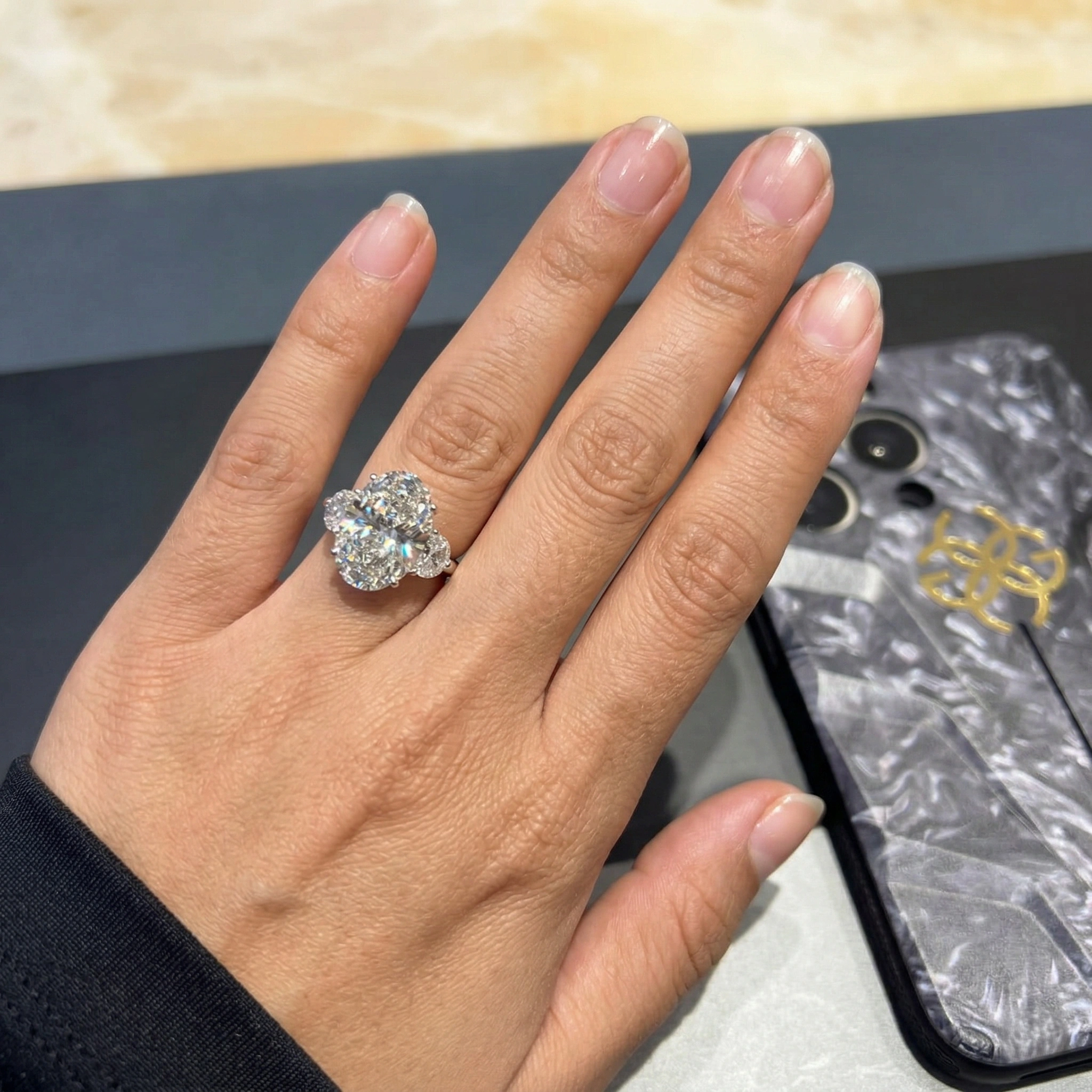 9.65 CT Oval & Half Moon Three-Stone Diamond Ring | Platinum 950 view 5