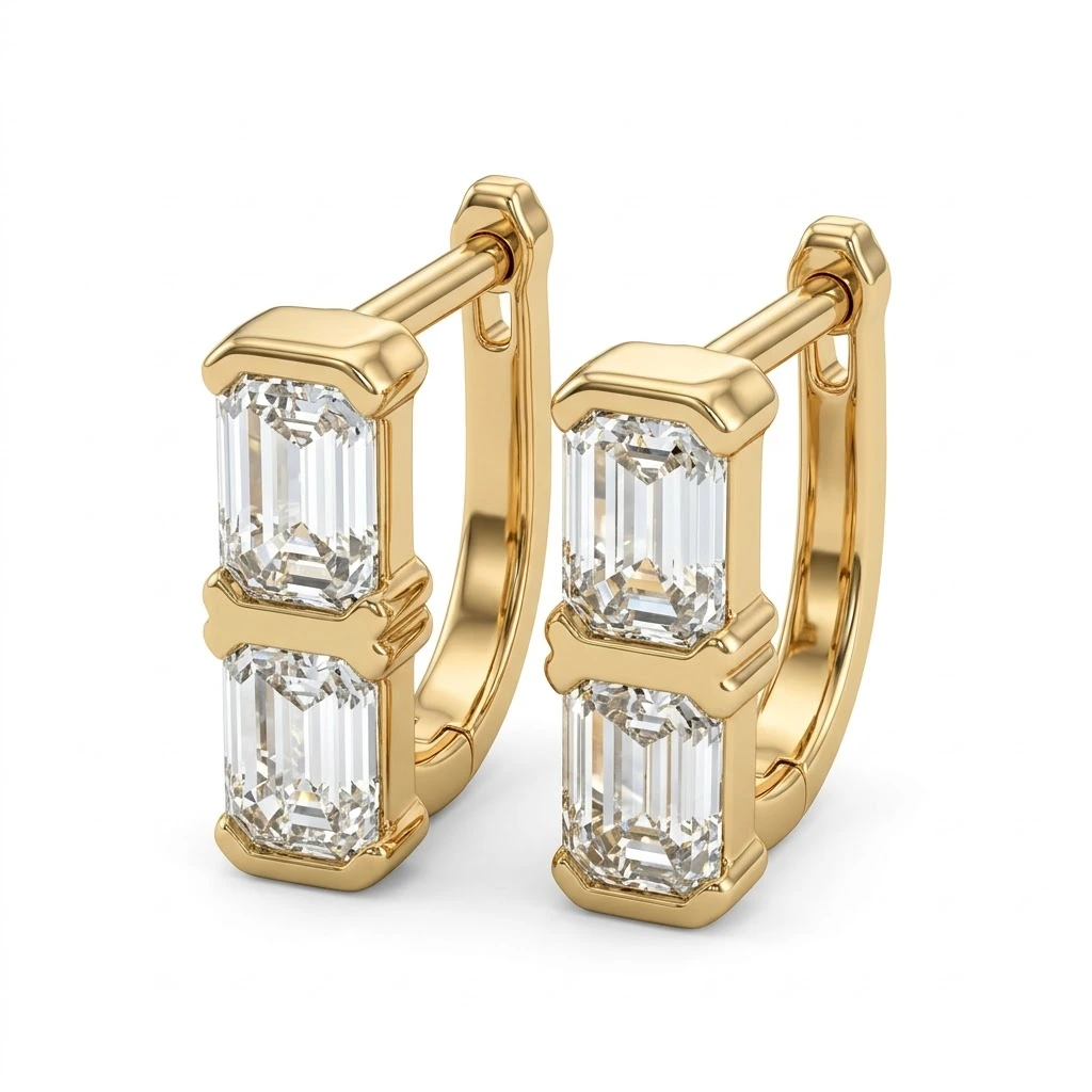Baguette Lab Grown Diamond Huggie Hoop Earrings in Yellow Gold view 3
