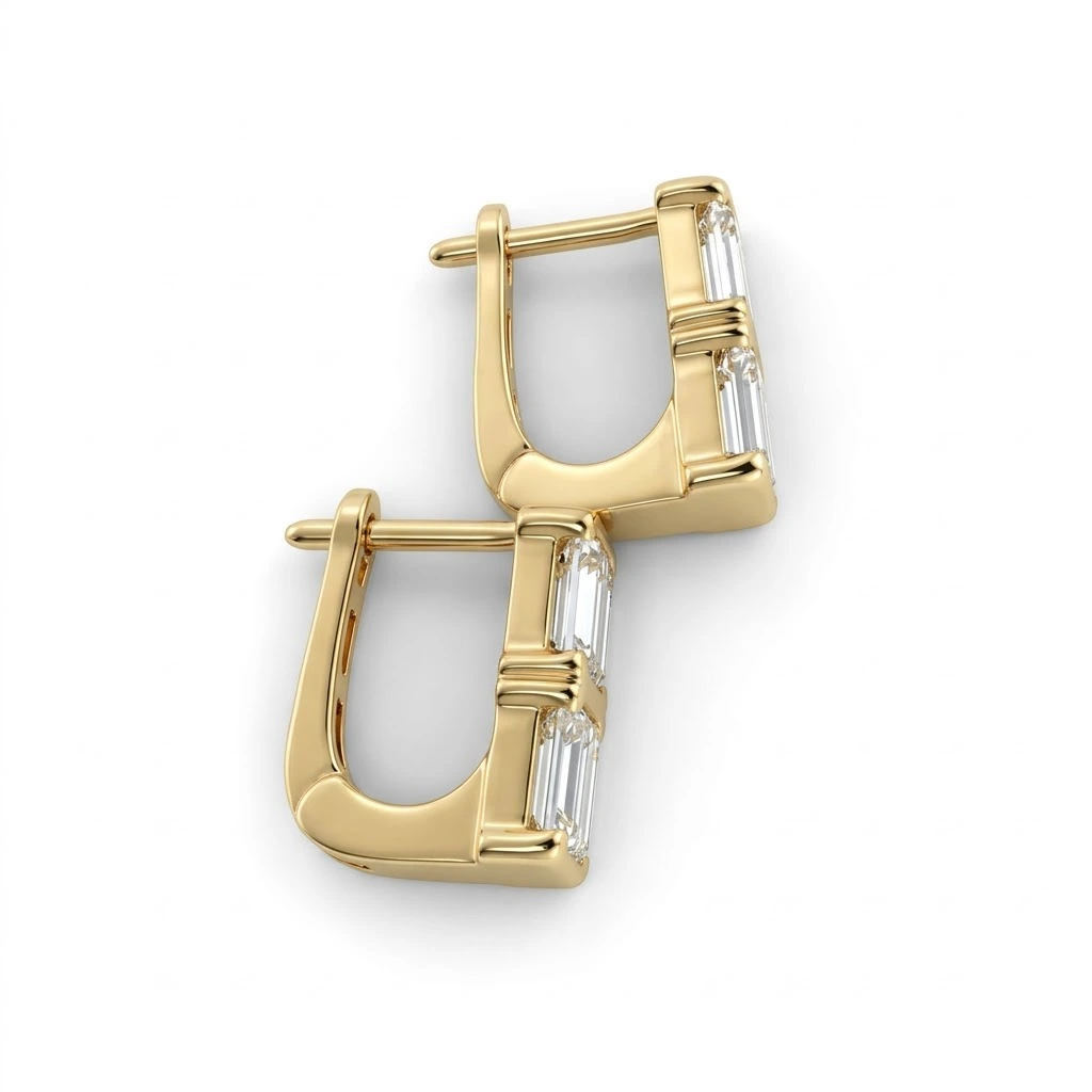 Baguette Lab Grown Diamond Huggie Hoop Earrings in Yellow Gold view 4