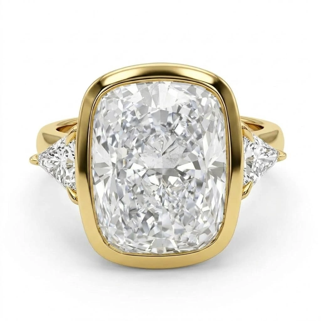 Bezel Set Cushion & Triangle Lab Grown Diamond Ring in Yellow Gold