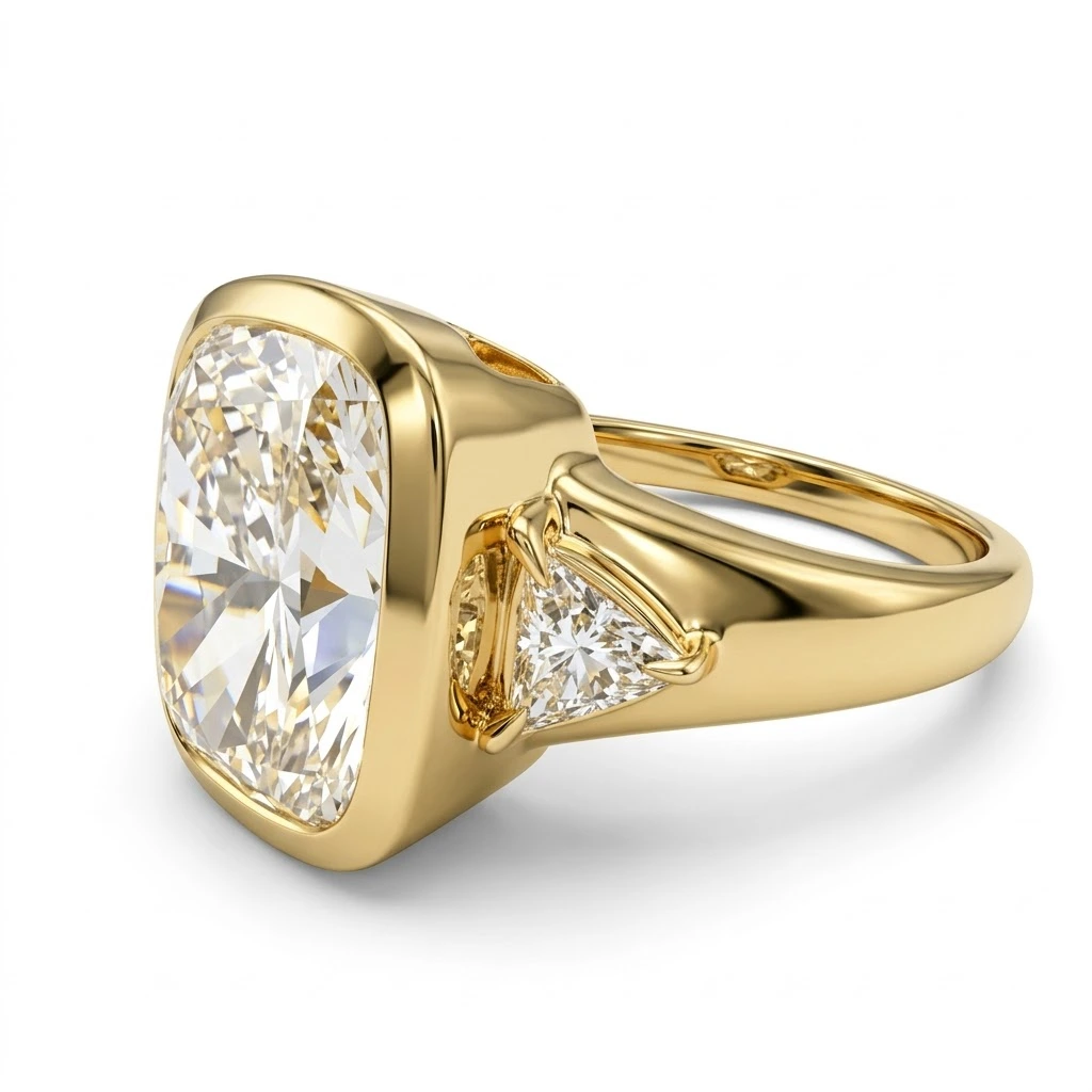 Bezel Set Cushion & Triangle Lab Grown Diamond Ring in Yellow Gold view 3
