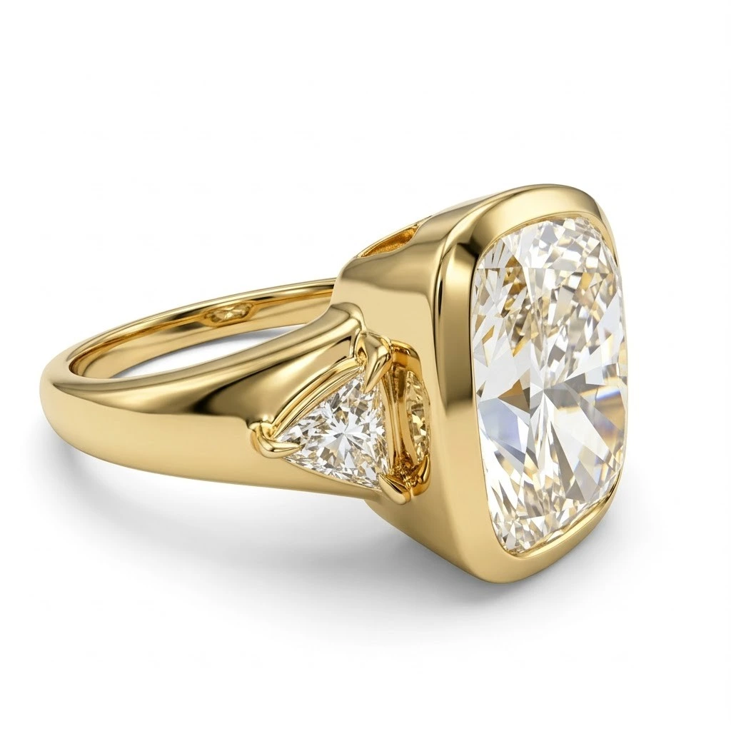 Bezel Set Cushion & Triangle Lab Grown Diamond Ring in Yellow Gold view 4