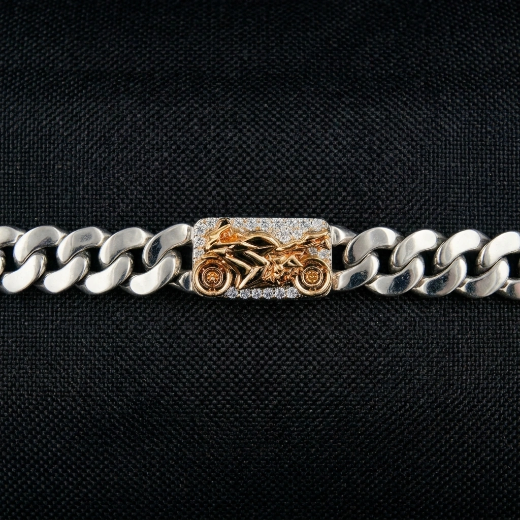 Bike Inspired Diamond Cuban Link Bracelet in Platinum & 18K Gold view 3