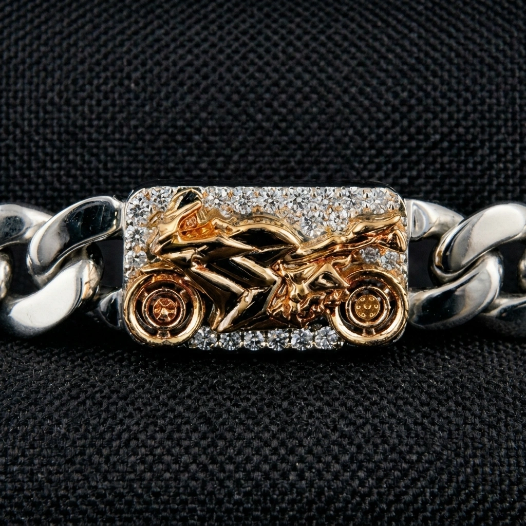 Bike Inspired Diamond Cuban Link Bracelet in Platinum & 18K Gold view 4
