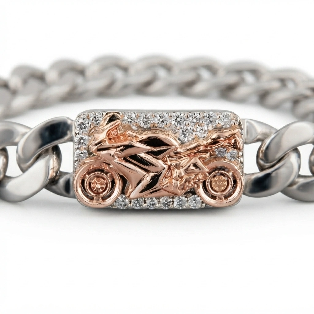 Bike Inspired Diamond Cuban Link Bracelet in Platinum & 18K Gold view 4