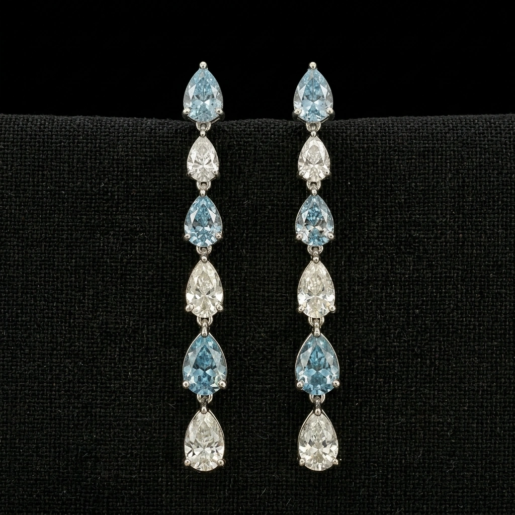 Blue and White Pear Drop Earrings in 14K White Gold