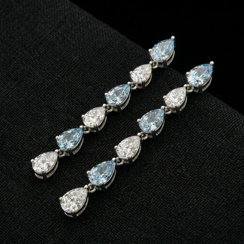 Blue and White Pear Drop Earrings in 14K White Gold view 3