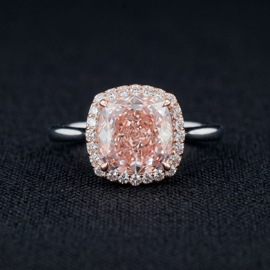 Blush Pink Cushion Cut Lab Grown Diamond Ring in PT950 Platinum