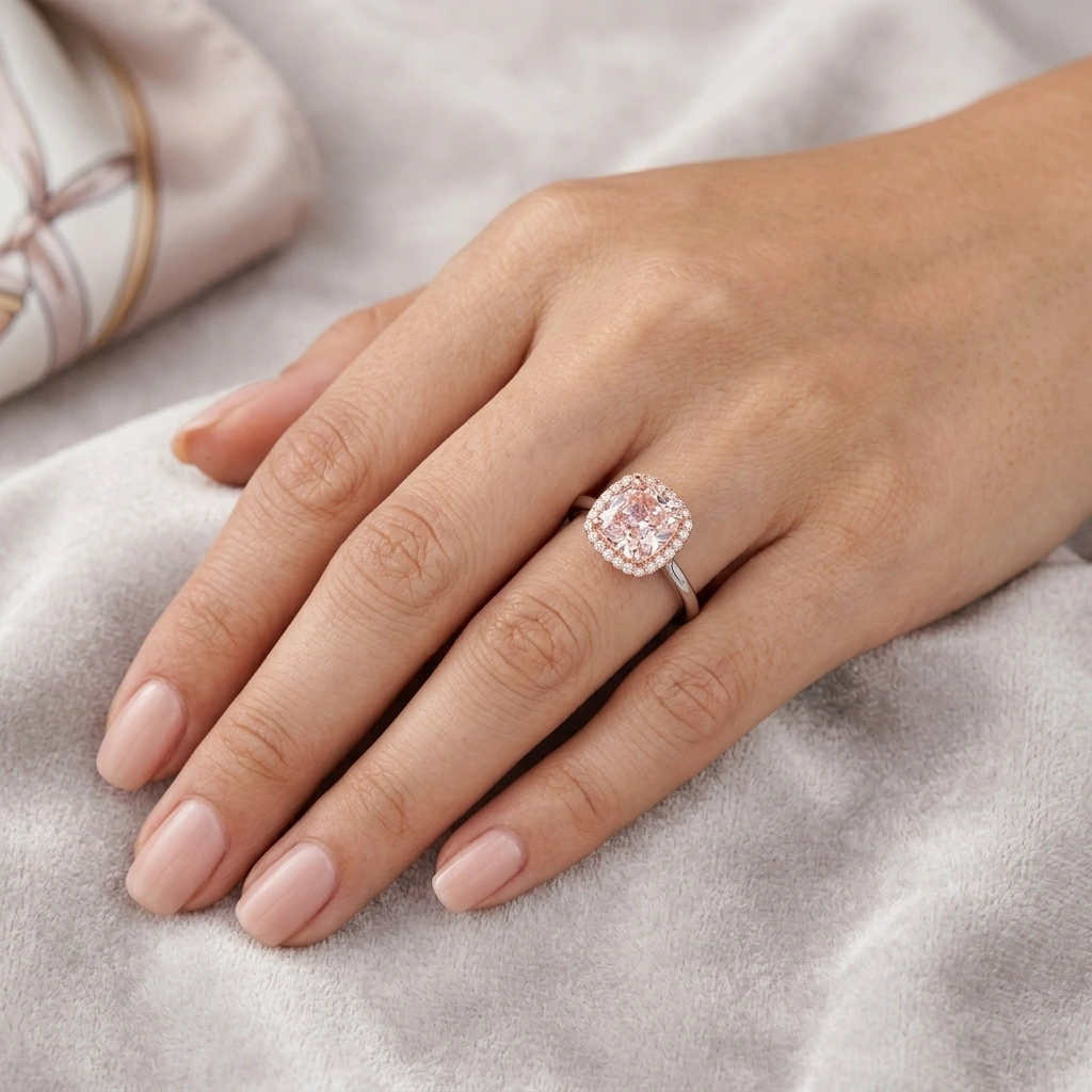 Blush Pink Cushion Cut Lab Grown Diamond Ring in PT950 Platinum view 6