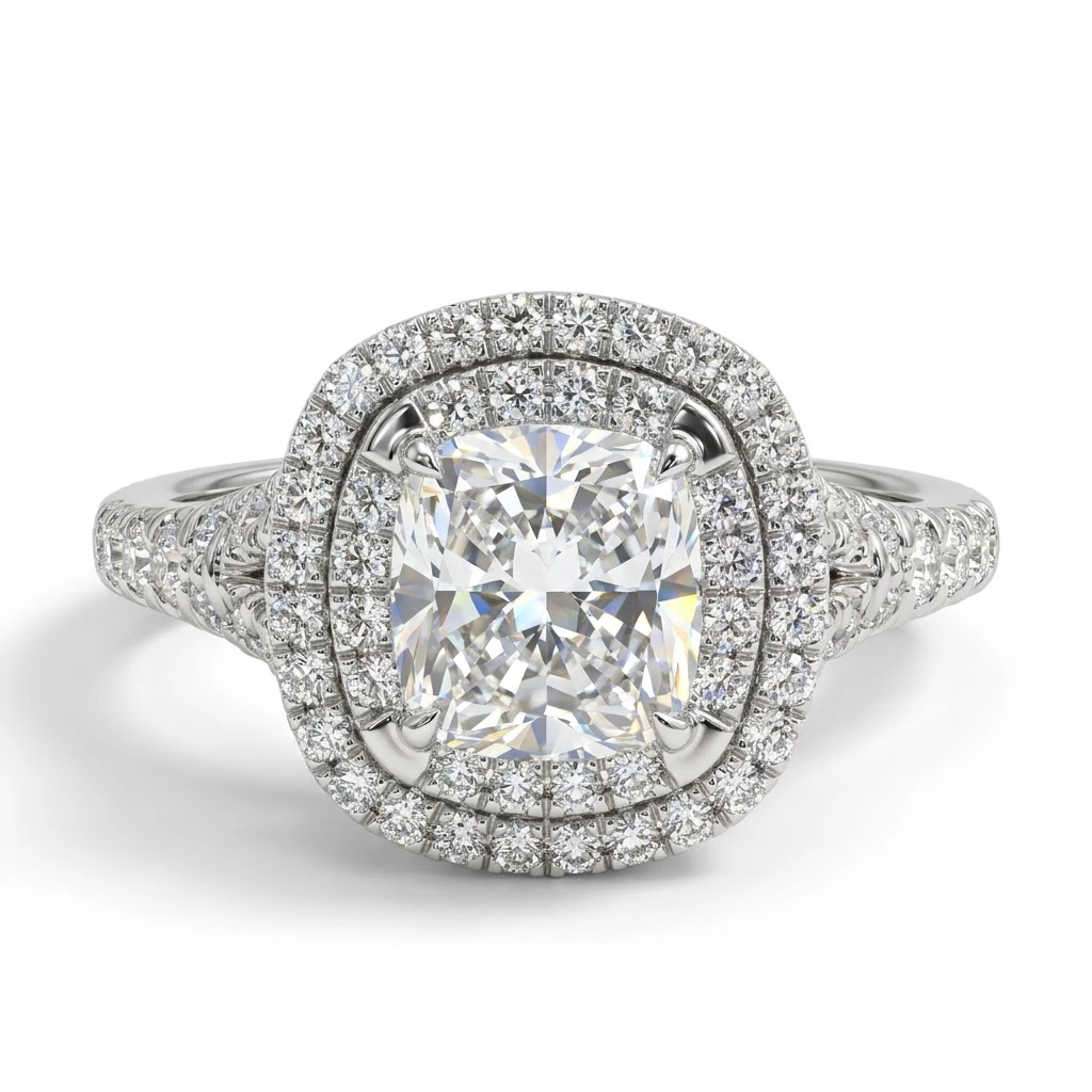 Cushion & Round Lab Grown Diamond Double Halo Ring | 14K White Gold | IGI Certified view 3