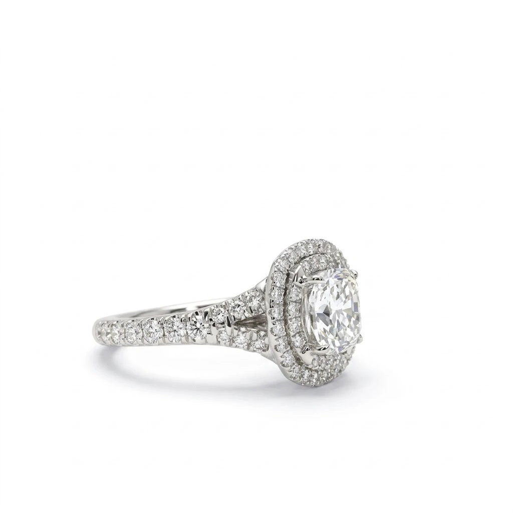 Cushion & Round Lab Grown Diamond Double Halo Ring | 14K White Gold | IGI Certified view 6