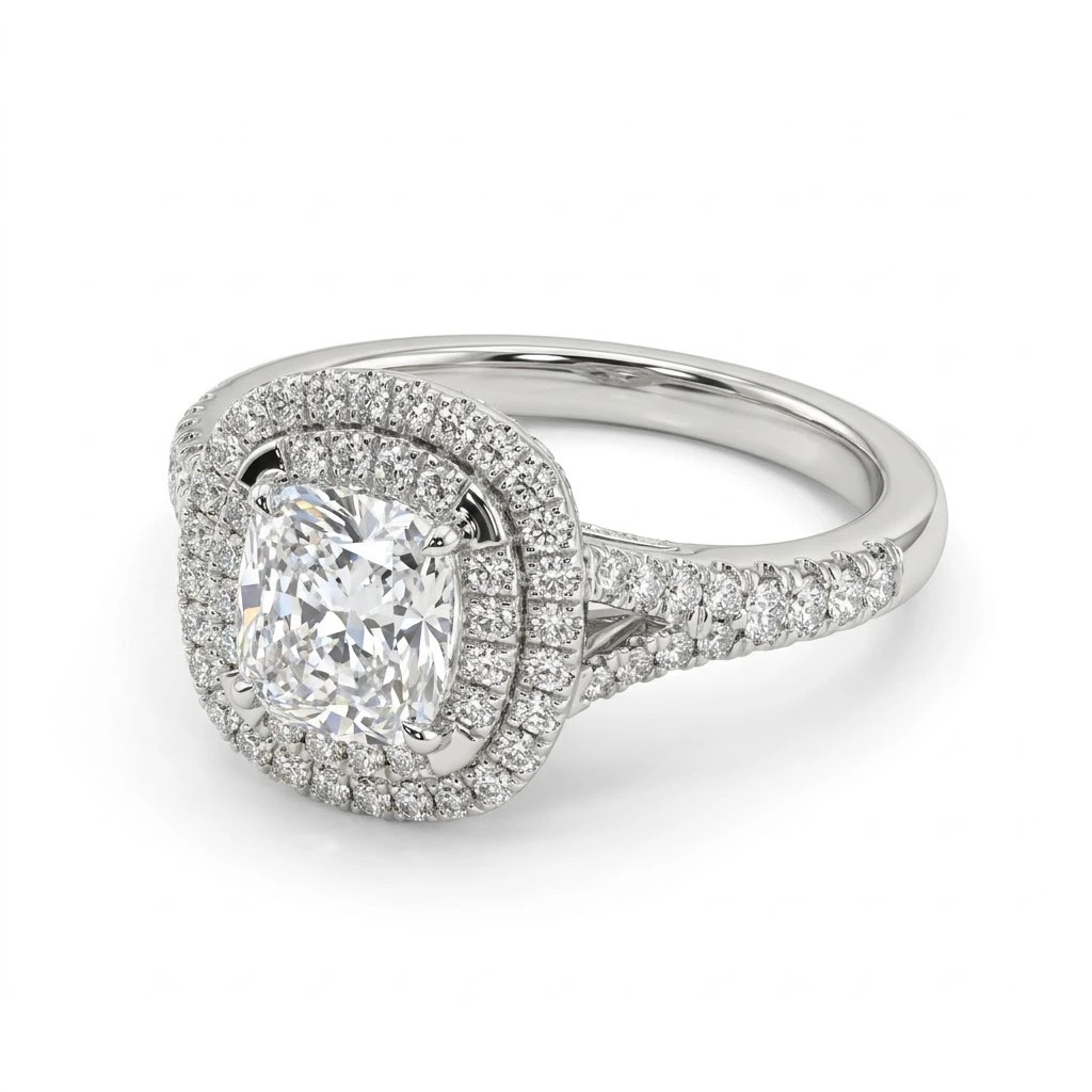 Cushion & Round Lab Grown Diamond Double Halo Ring | 14K White Gold | IGI Certified view 7