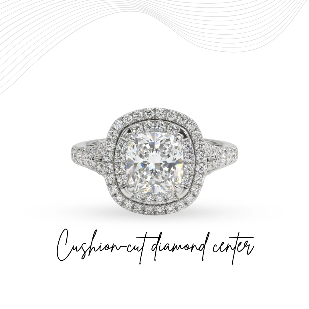 Cushion & Round Lab Grown Diamond Double Halo Ring | 14K White Gold | IGI Certified
