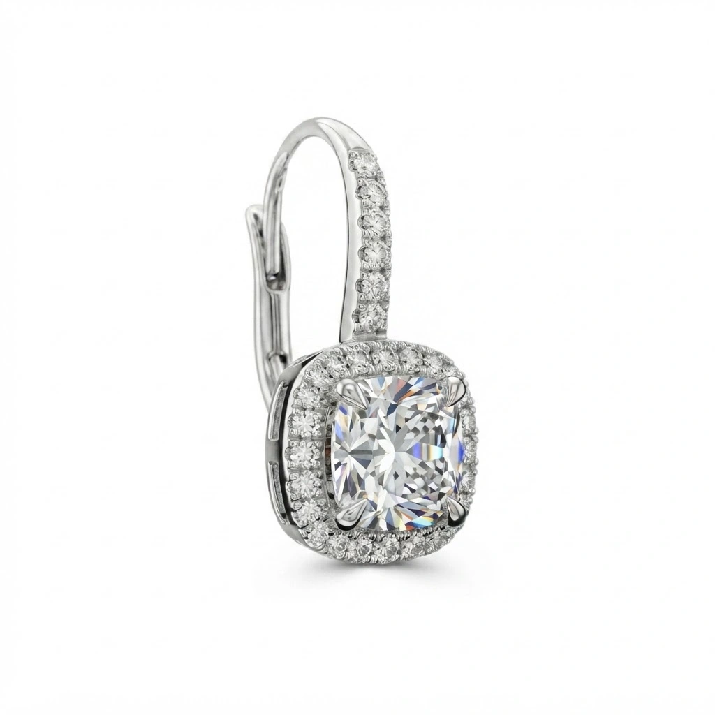 Cushion Cut Halo Diamond Drop Earrings | Platinum 950 view 3