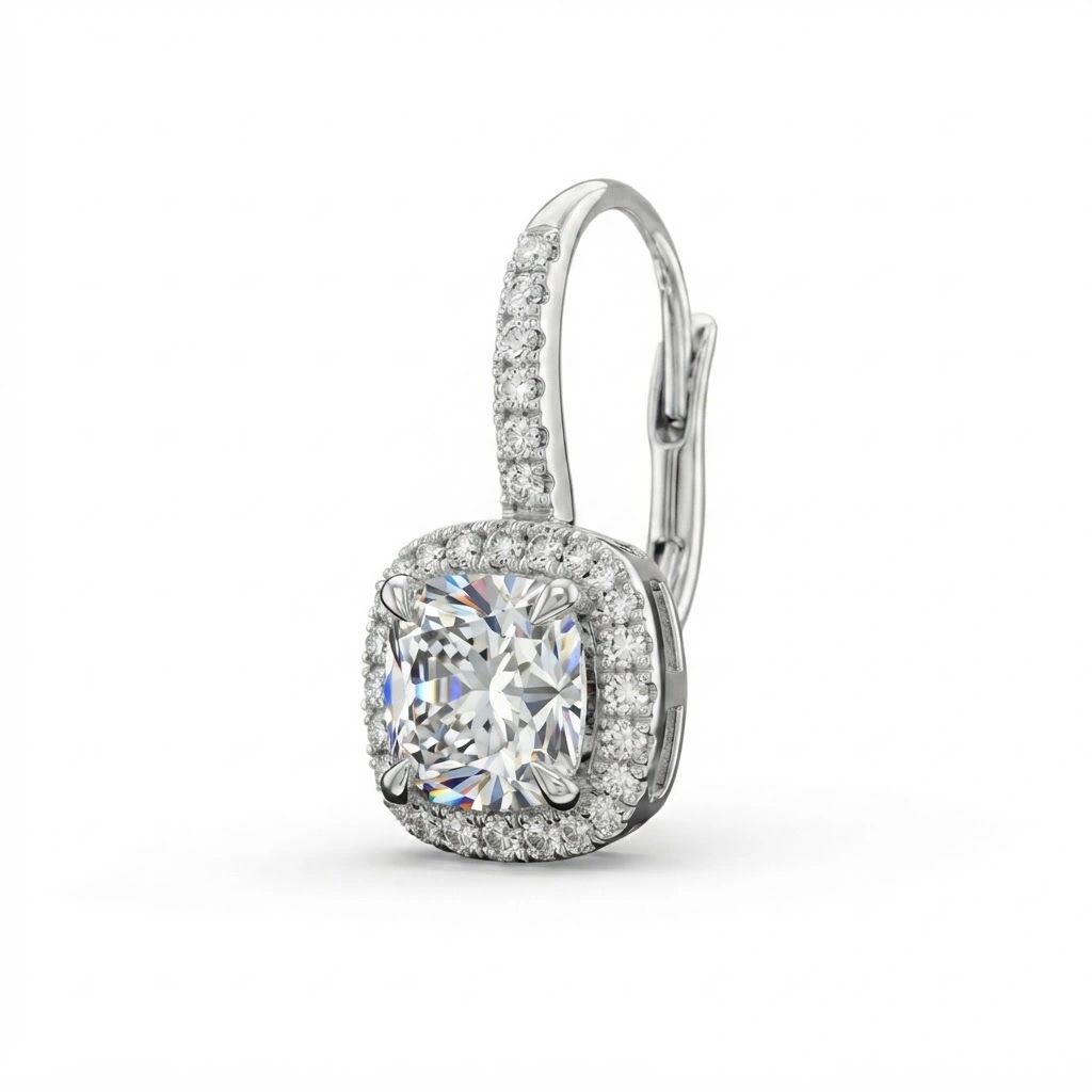 Cushion Cut Halo Diamond Drop Earrings | Platinum 950 view 4