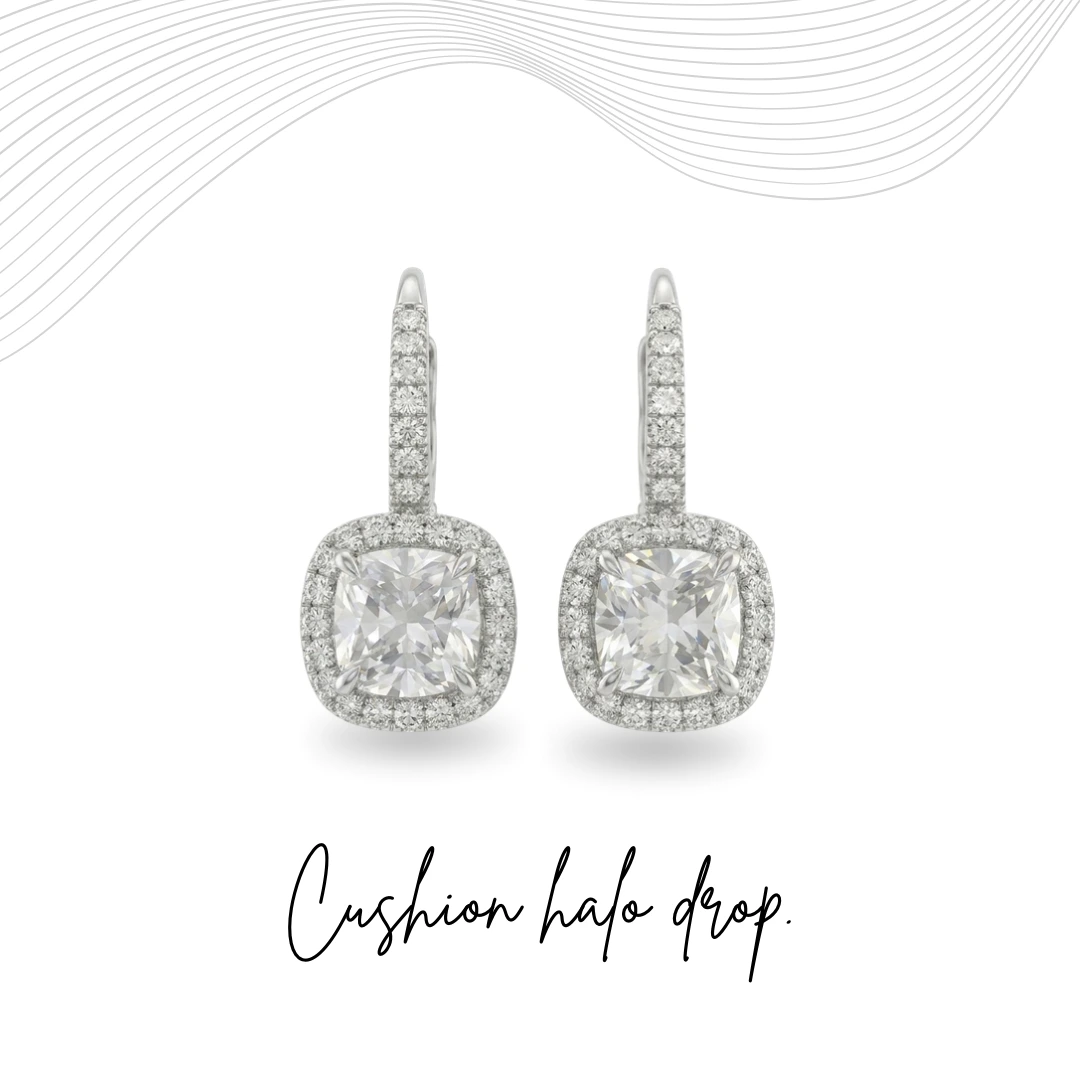 Cushion Cut Halo Diamond Drop Earrings | Platinum 950