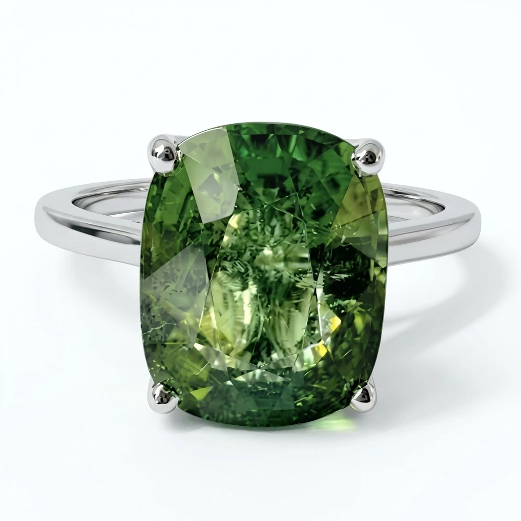 Cushion Green Lab Grown Diamond Solitaire Ring in Platinum view 3