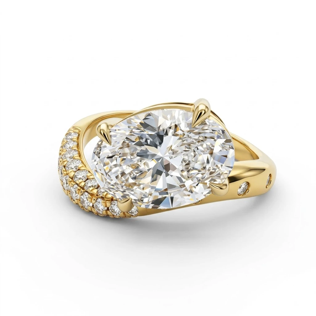 East-West Oval & Pavé Wave Ring in Yellow Gold