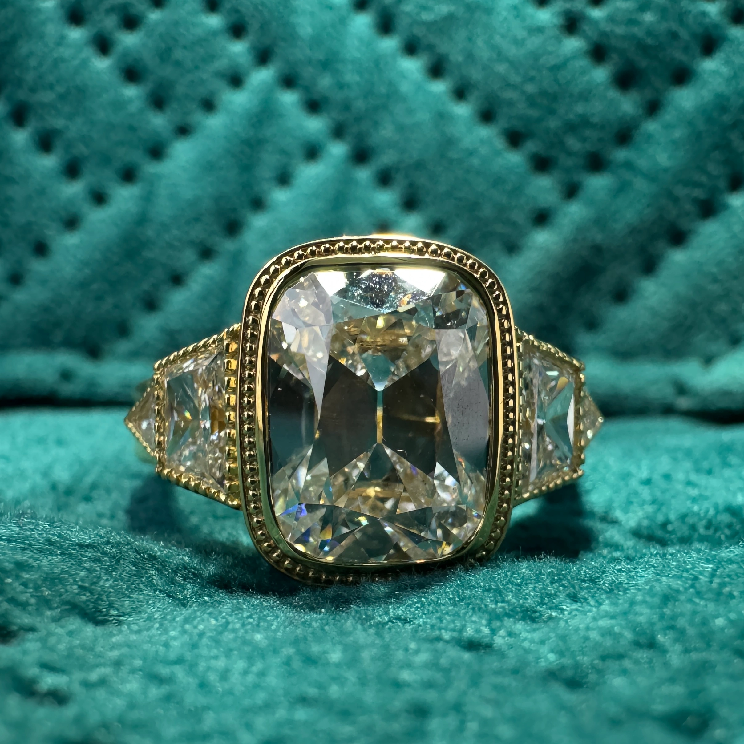 Elegant 5.74 CT Cushion Cut Diamond Ring in 18 KT Yellow Gold with Triangle & Trapezoid Accents view 4