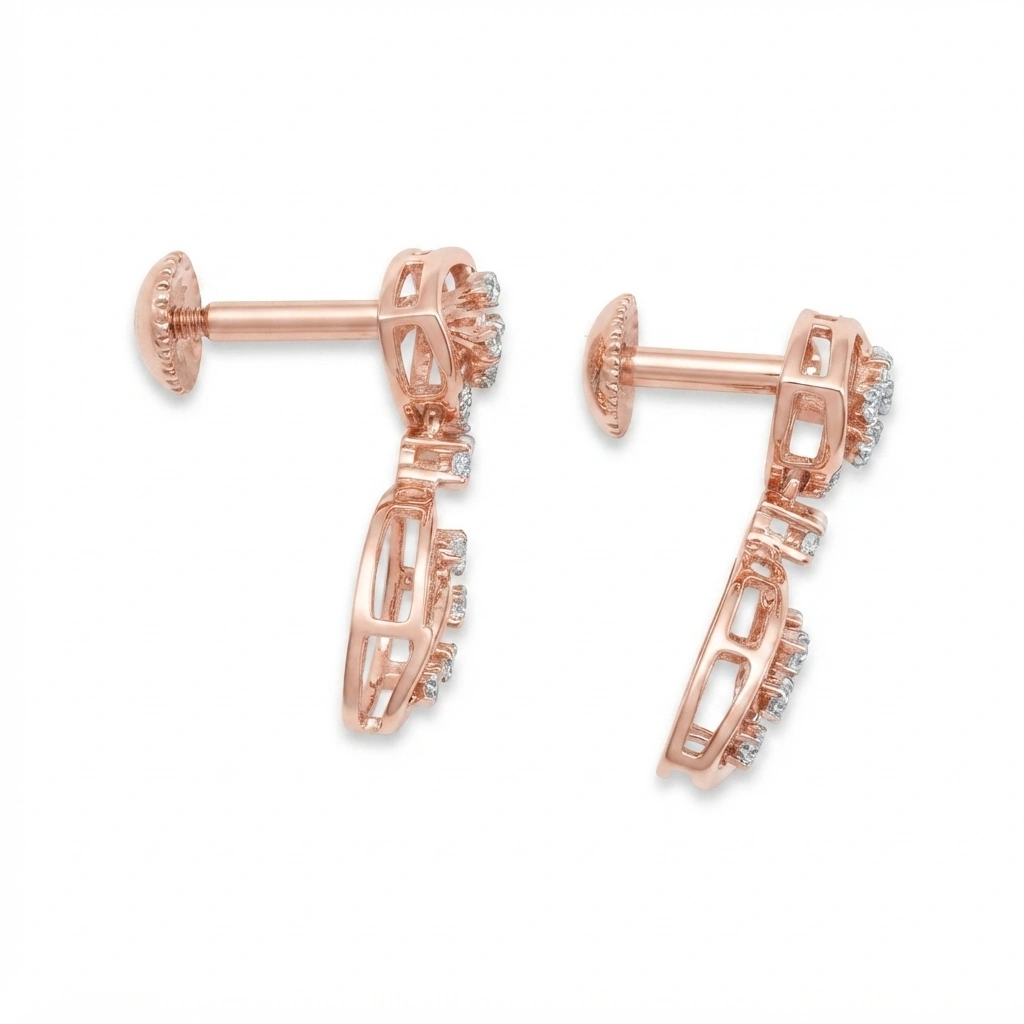 Elegant Round Lab Grown Diamond Earrings in Rose Gold view 6