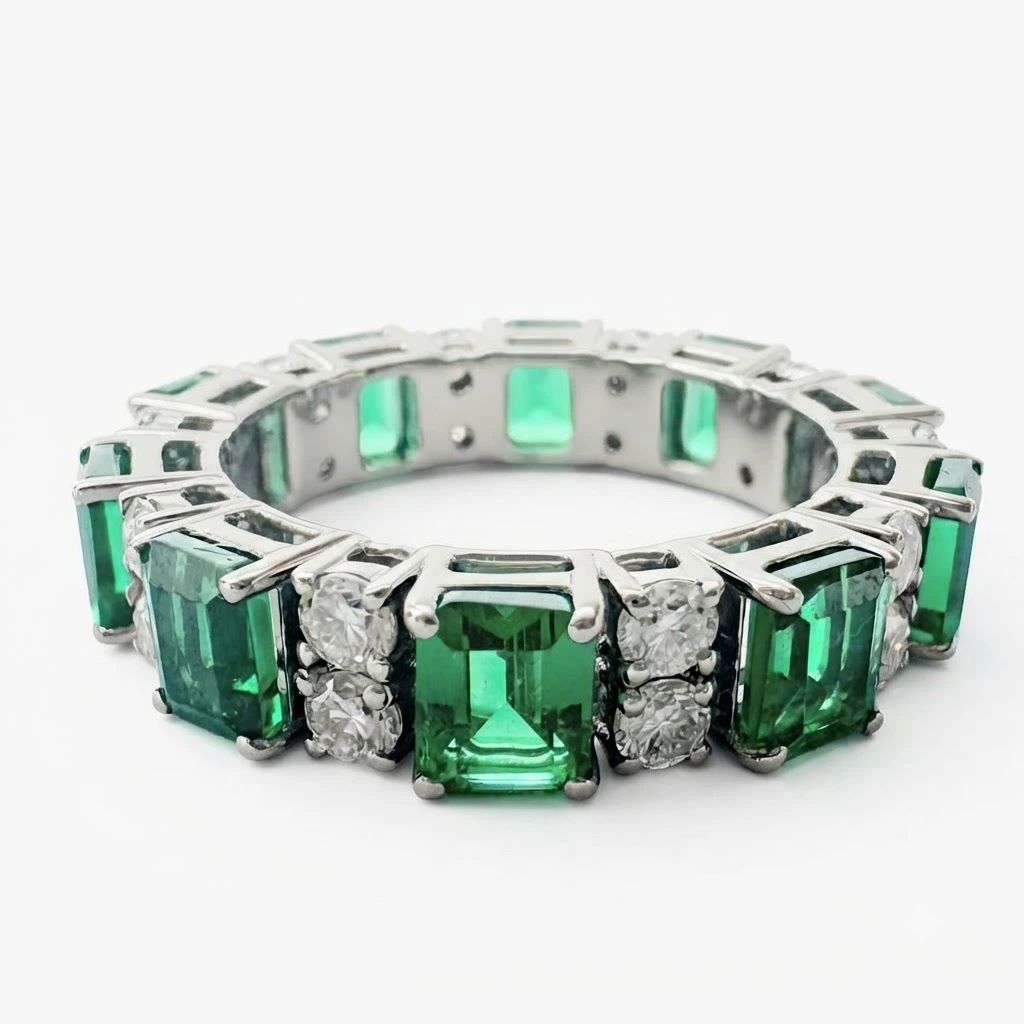 Emerald Cut Green & Round Lab Grown Diamond Eternity Band in Platinum