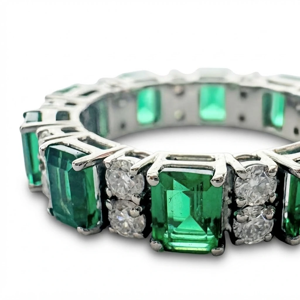Emerald Cut Green & Round Lab Grown Diamond Eternity Band in Platinum view 3