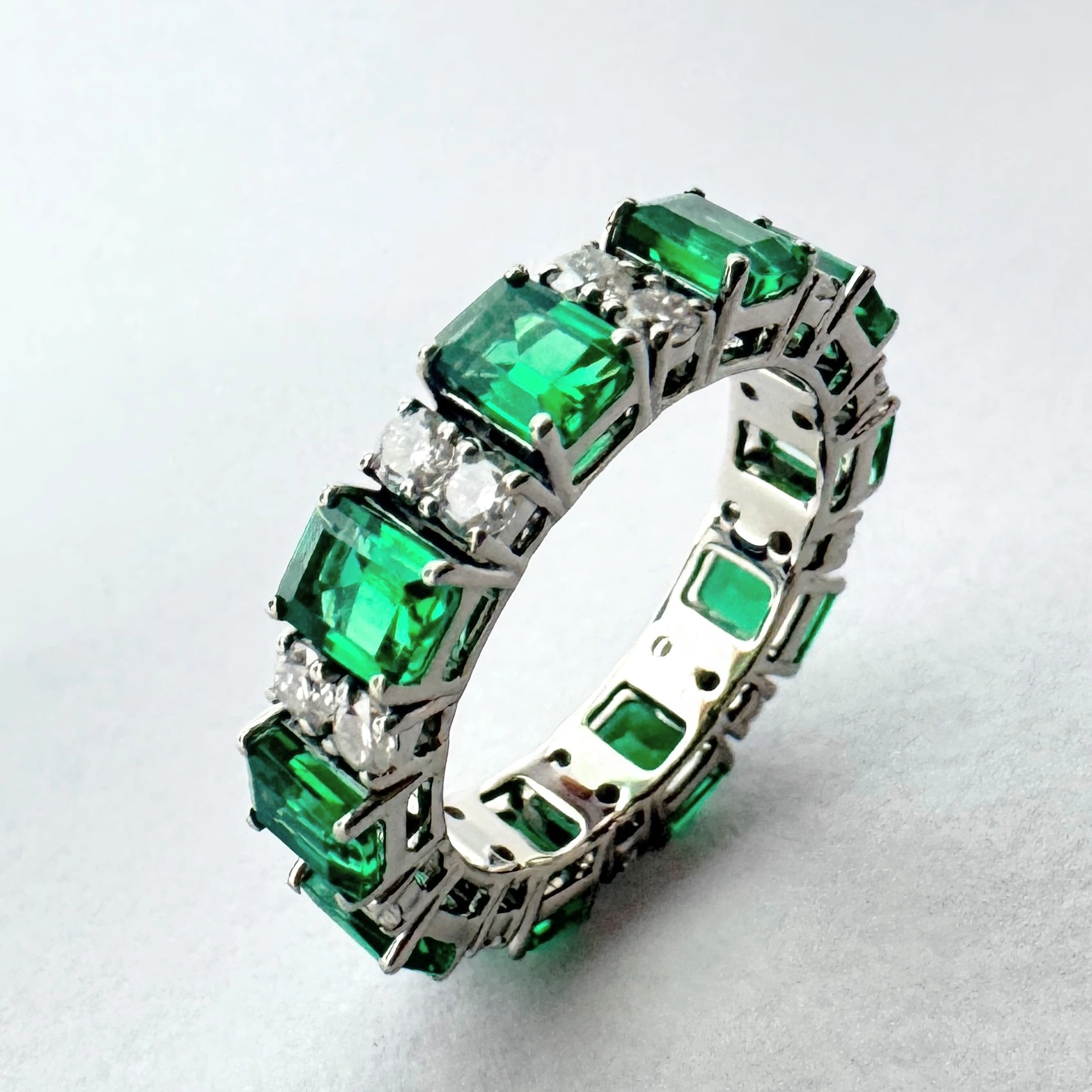 Emerald Cut Green & Round Lab Grown Diamond Eternity Band in Platinum view 4