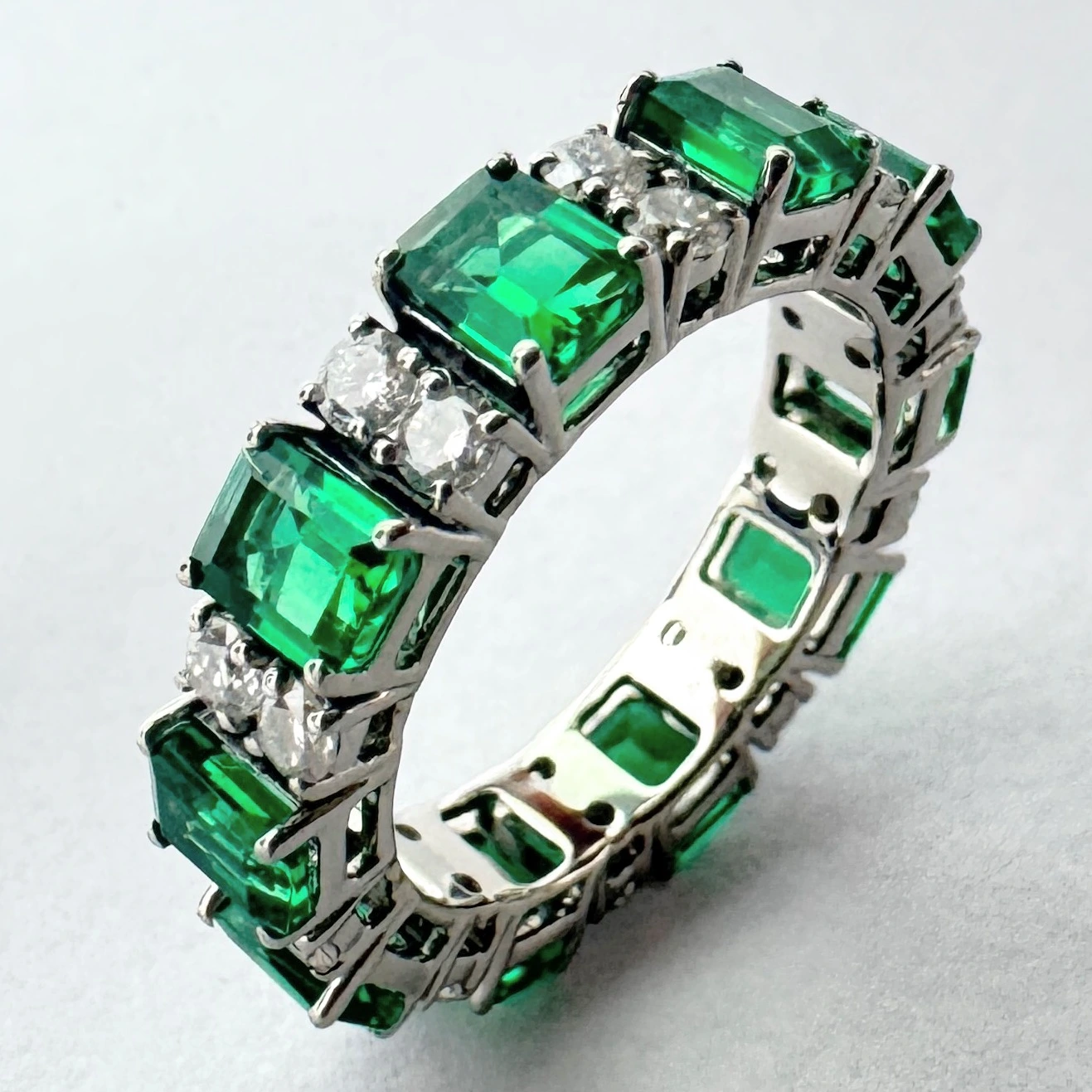 Emerald Cut Green & Round Lab Grown Diamond Eternity Band in Platinum view 5