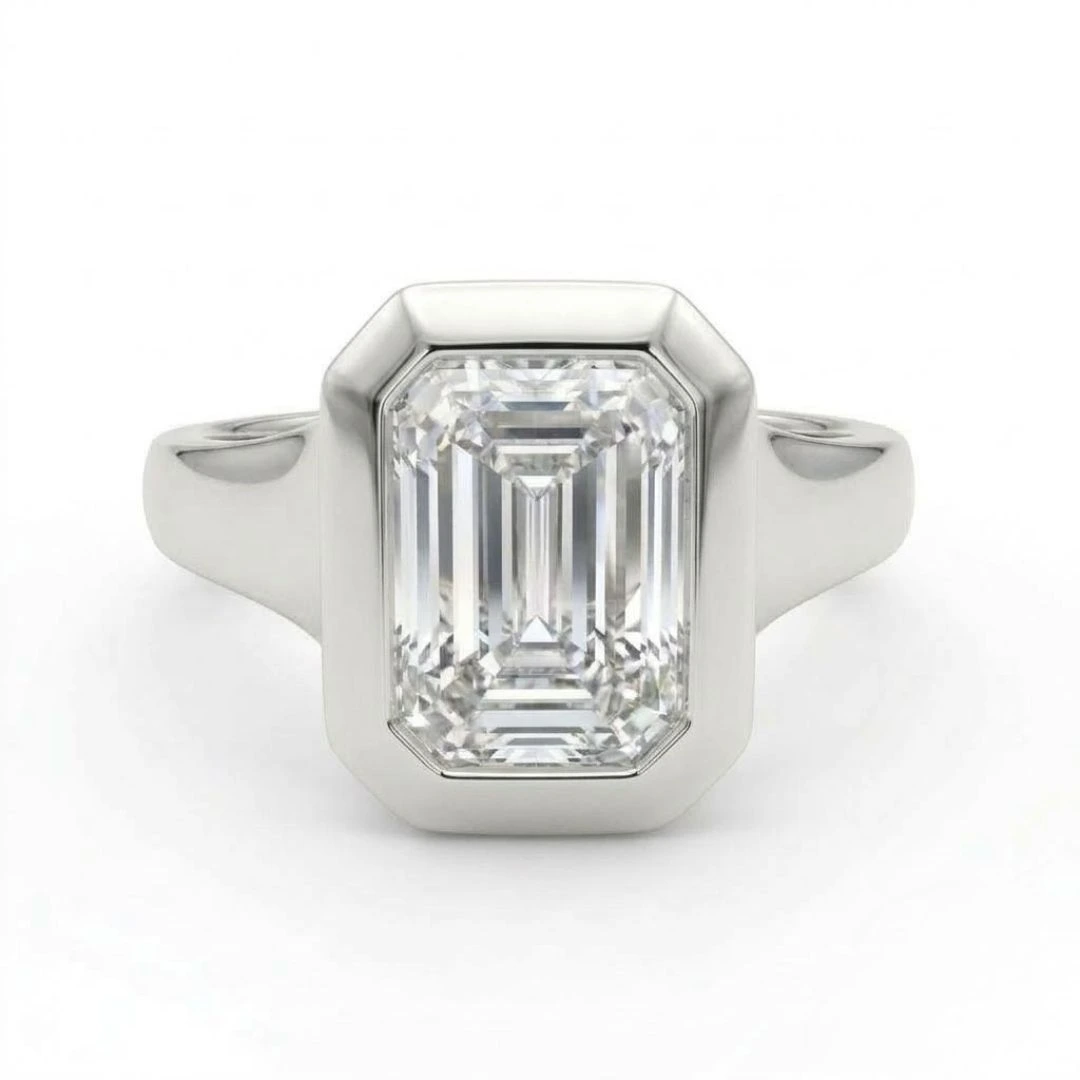 Emerald Cut Lab-Grown Diamond Bezel Ring with Baguette Diamond in White Gold