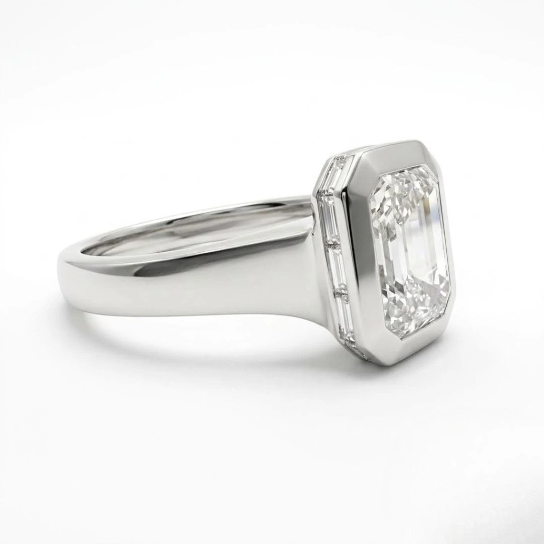 Emerald Cut Lab-Grown Diamond Bezel Ring with Baguette Diamond in White Gold view 6