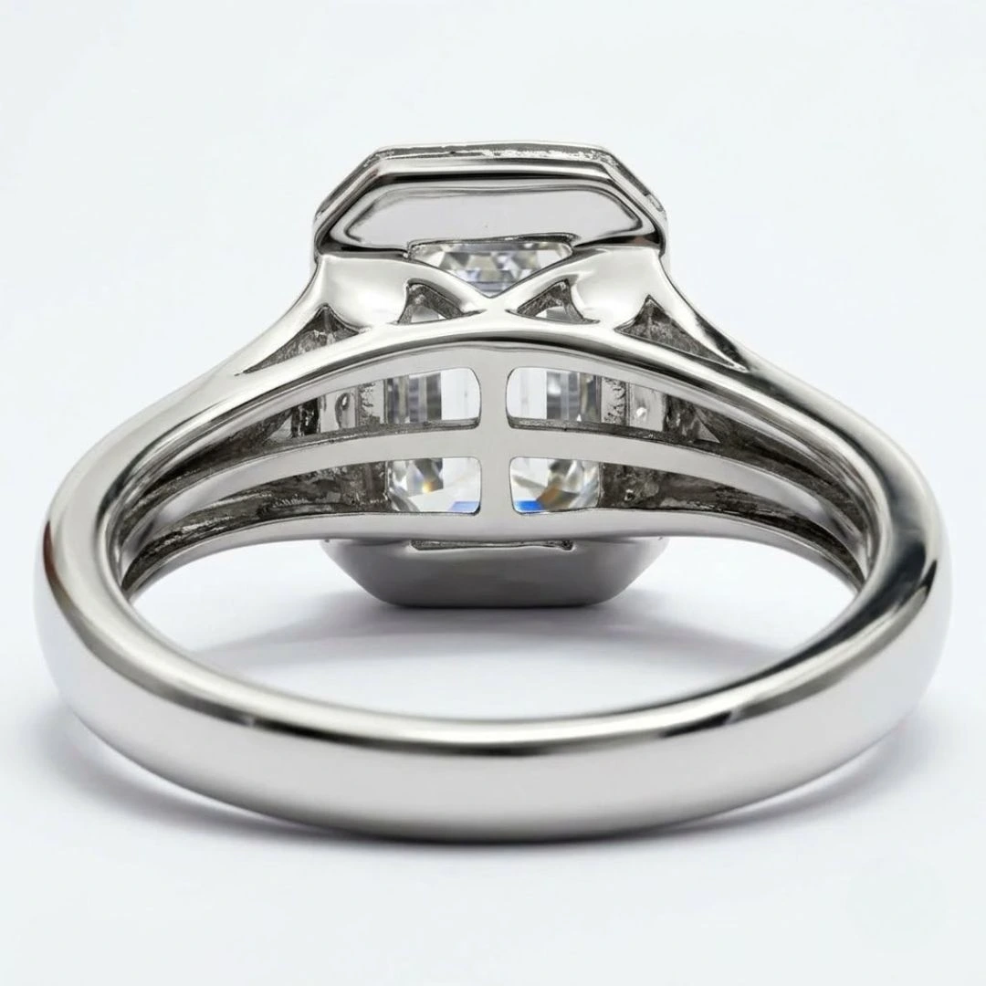 Emerald Cut Lab-Grown Diamond Bezel Ring with Baguette Diamond in White Gold view 7