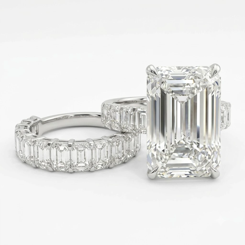 Emerald Cut Lab Grown Diamond Ring Band Set | PT950 Platinum | IGI Certified